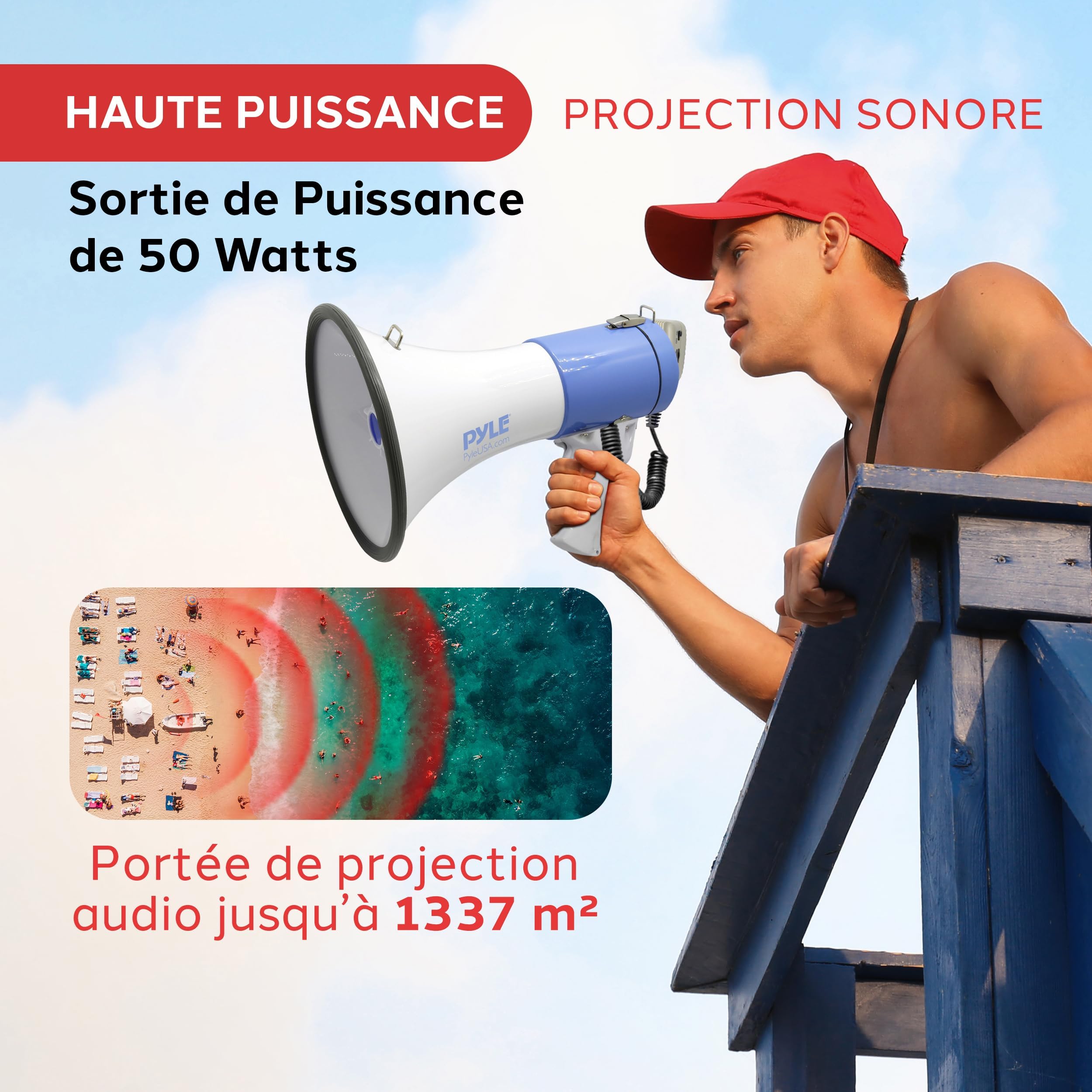 Pyle Megafono Portatile PA, Megafono Sirena Integrata 50 Watt Batteria Ricaricabile, Funzione di Registrazione 10 Sec per Sport e Sicurezza - 3