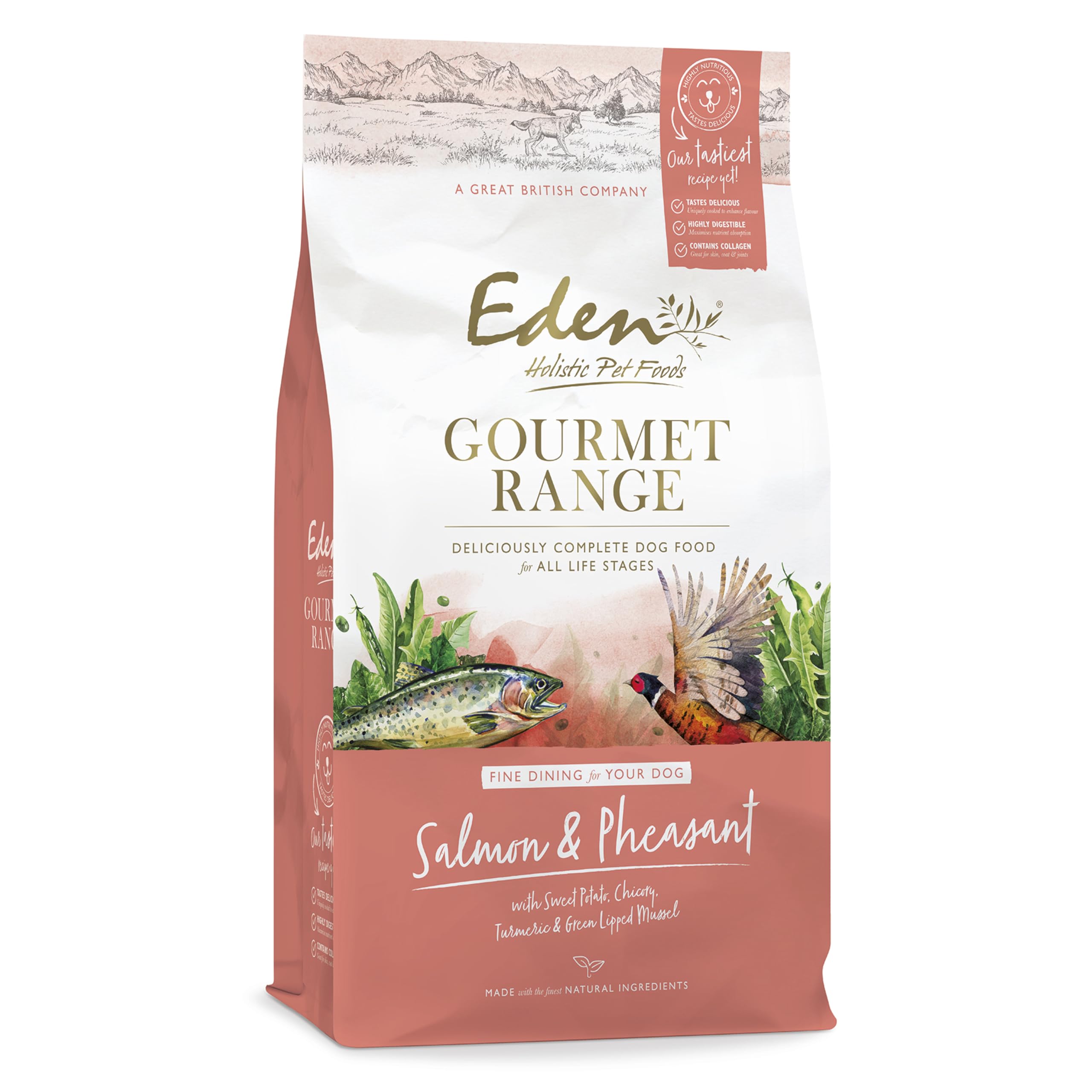 Eden Gourmet Salmon & Pheasant 10kg Kibble. Naturally Complete Premium Dry Dog Food for Puppies, Adult & Senior Dogs - Formulated with highly digestible protein and collagen.