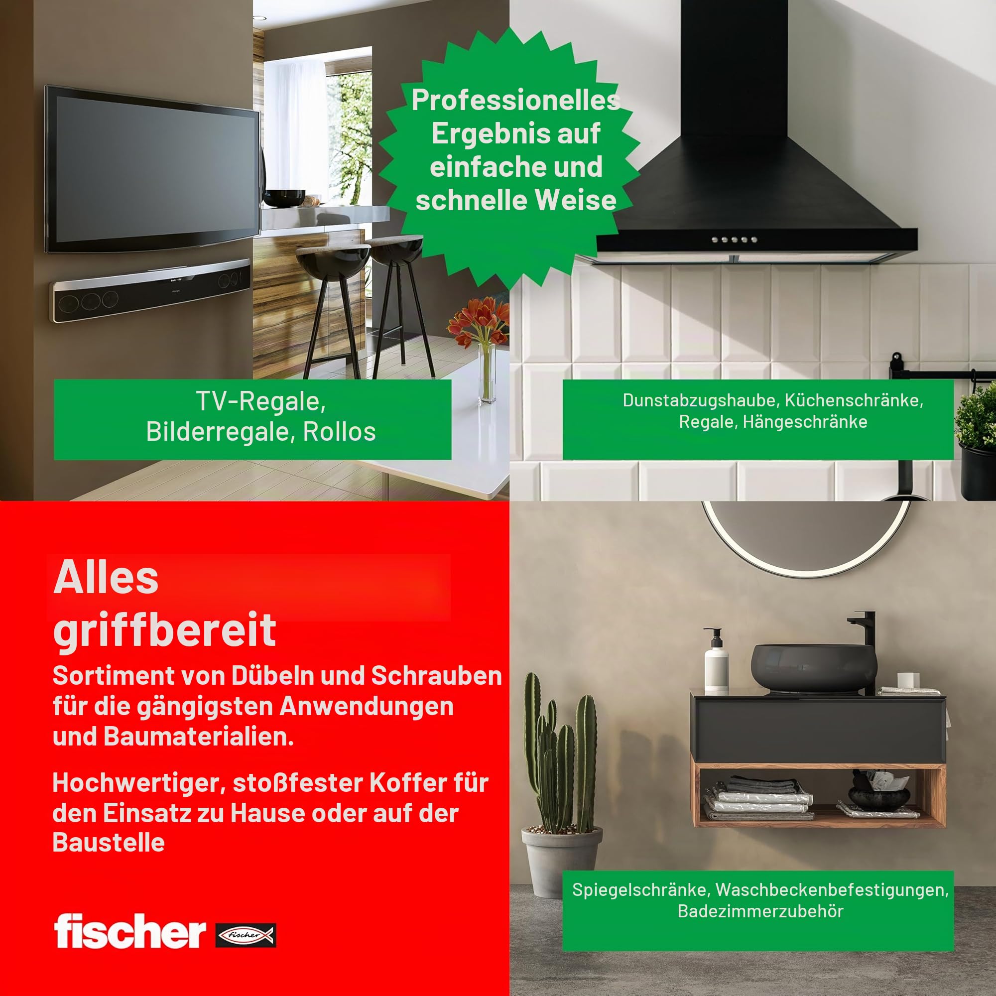 Fischer PowerBox 180 Dübel DuoPower mit Schrauben und Haken, für Vollwand, gebohrt und Gipskarton, 360 Stück, 564282