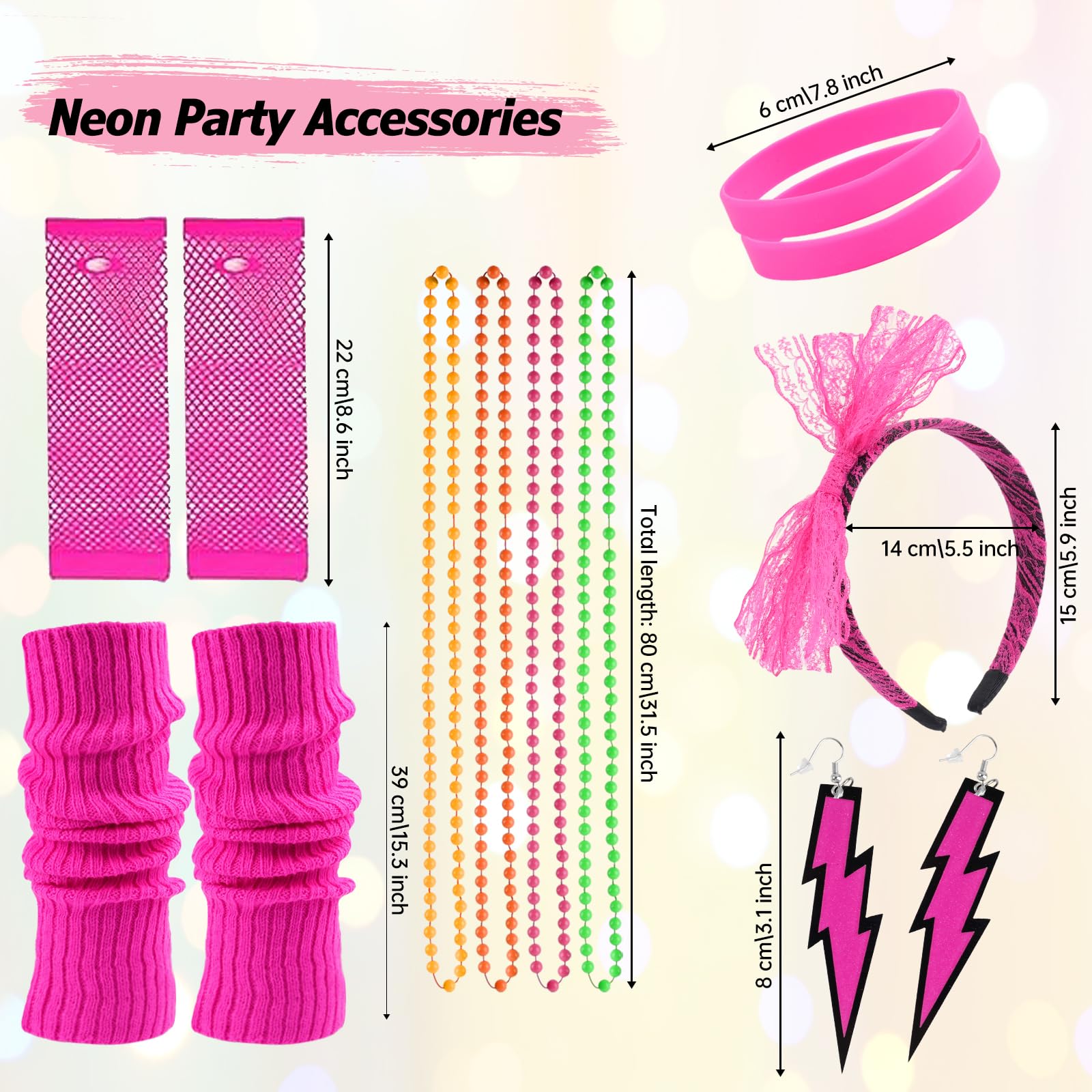 Tikplus 80s Fancy Dress for Women 13Pcs 80s Accessories for Ladies with Necklace Fishnet Gloves Leg Warmers Earrings Bow Headband - Image 2