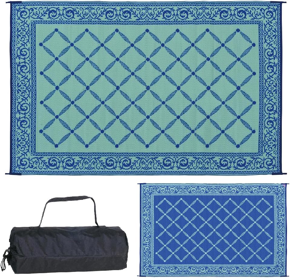 Stylish Camping 119123 9-feet by 12-feet Reversible Mat, Plastic Straw Rug, Large Floor Mat for Outdoors, RV, Patio, Backyard, Picnic, Beach, Camping (Blue/Light-Green)