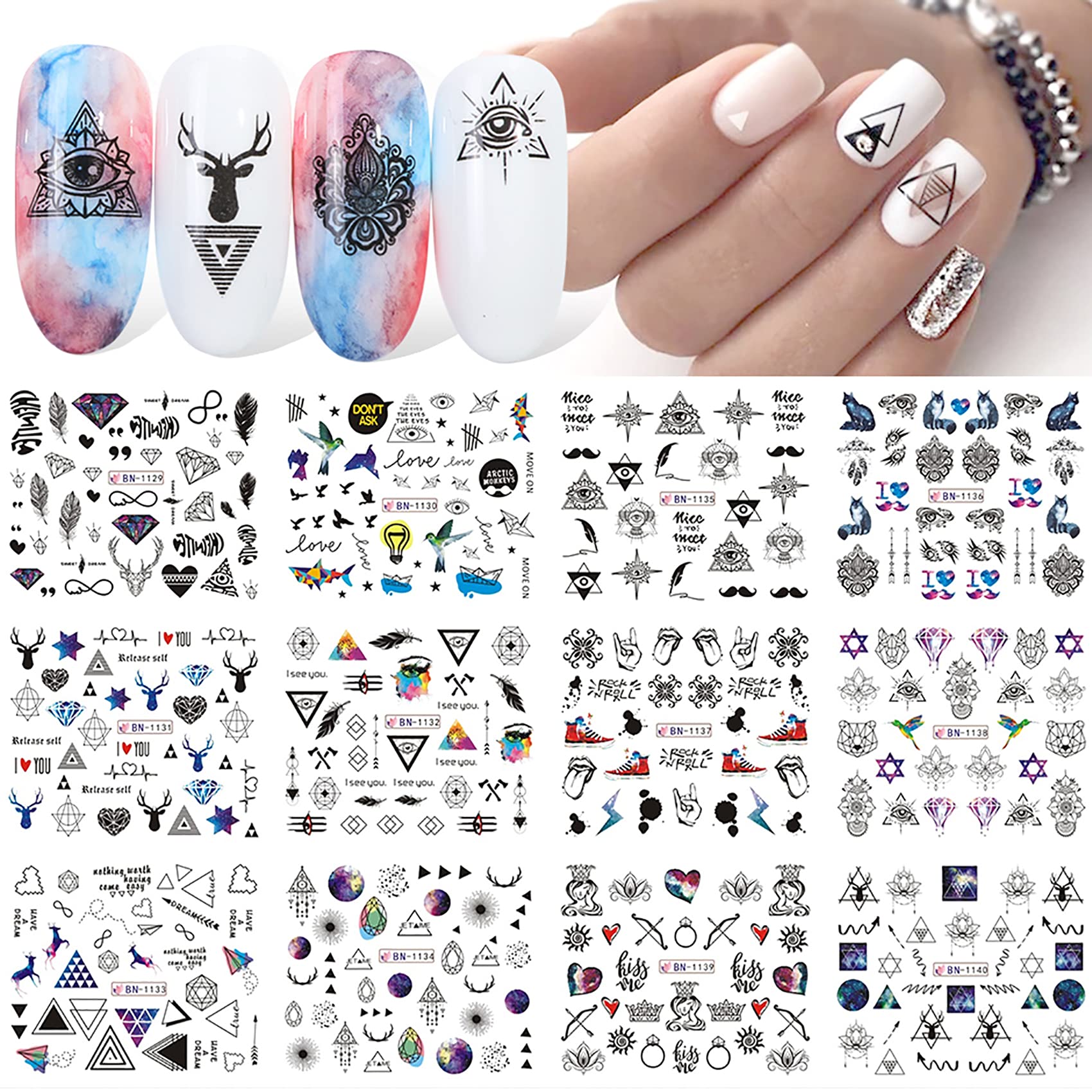 Amazon.com: XJL 12 Sheets Geometric Animal Nail Art Stickers,Water Transfer  Diamond Panda Wolf Deer Watercolor Ink Nail Sliders Design for Acrylic Nail  Supplies,DIY Manicure Nail Art Decals Nail Decoration : Beauty &