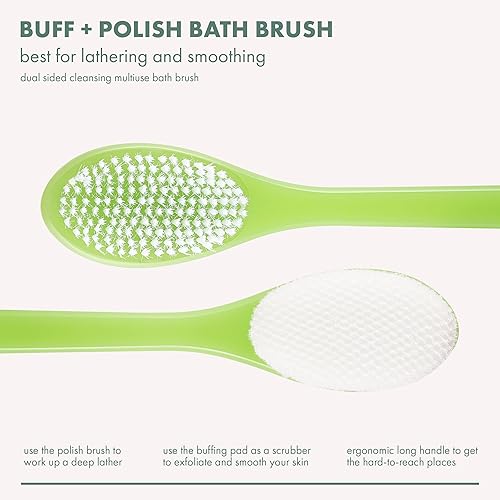Miniatura 2 de EcoTools Buff + Cepillo de baño pulido, mango largo para limpiar y exfoliar la espalda y zonas difíciles de alcanzar, cepillo de ducha ecológico que