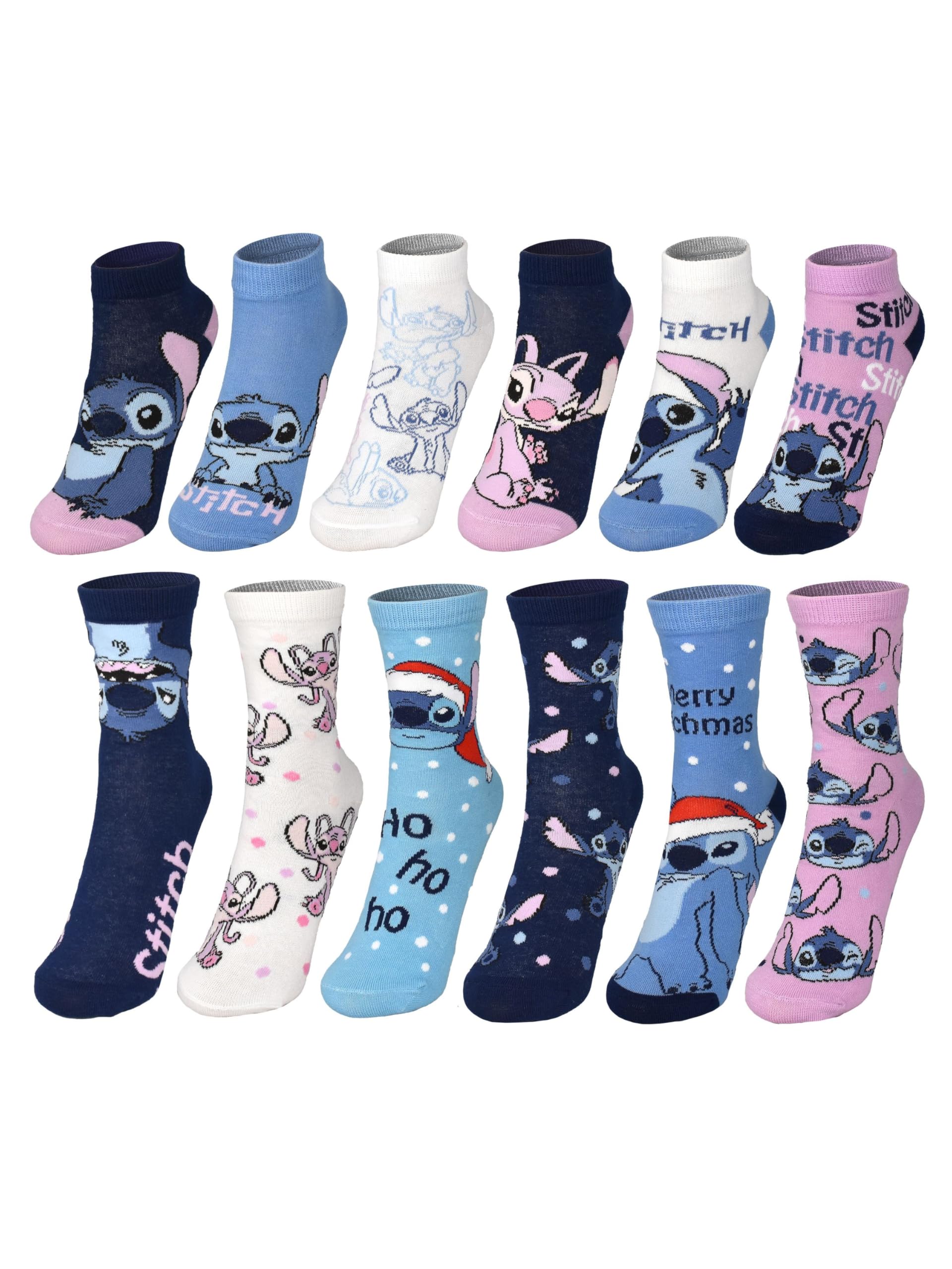 United Labels Disney Lilo & Stitch Calendario dell'Avvento con 12 paia di calzini da donna, taglia 35-41, calendario con sneakers e calzini lunghi, calendario natalizio regalo