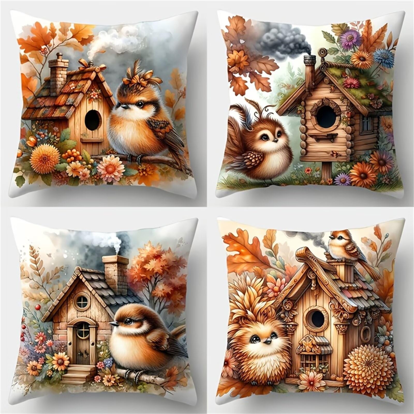 Heaen Outdoor Cushions Covers Waterproof 35x35 cm Set of 4 Square Linen Pillow Cases Flowers Birds Decorative Dushions for Sofa Porch Patio Home Decor