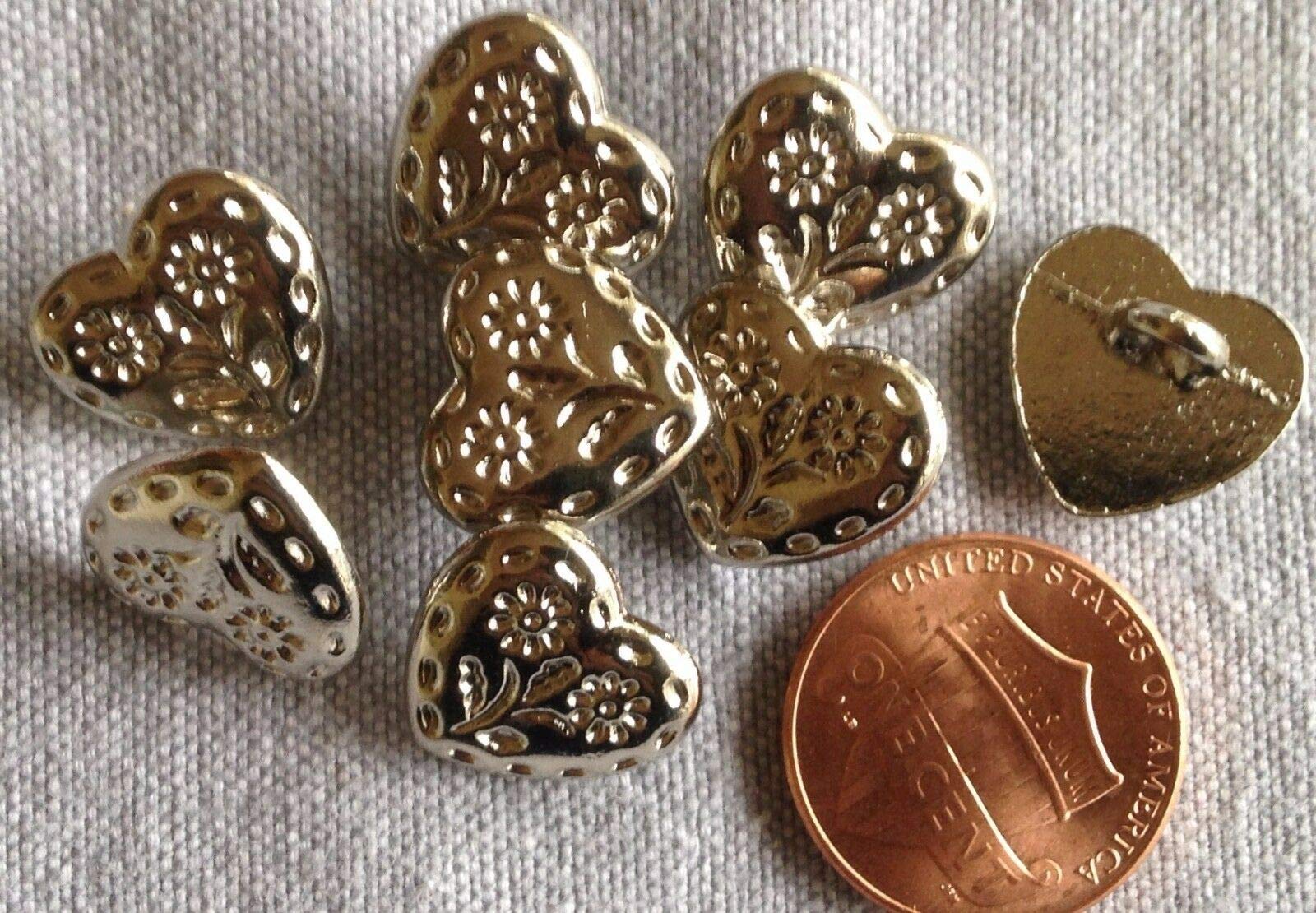 HomDEc 8 Shiny Silver Tone Slightly Domed Metal Heart Buttons Floral 9/16" 14mm # 7453
