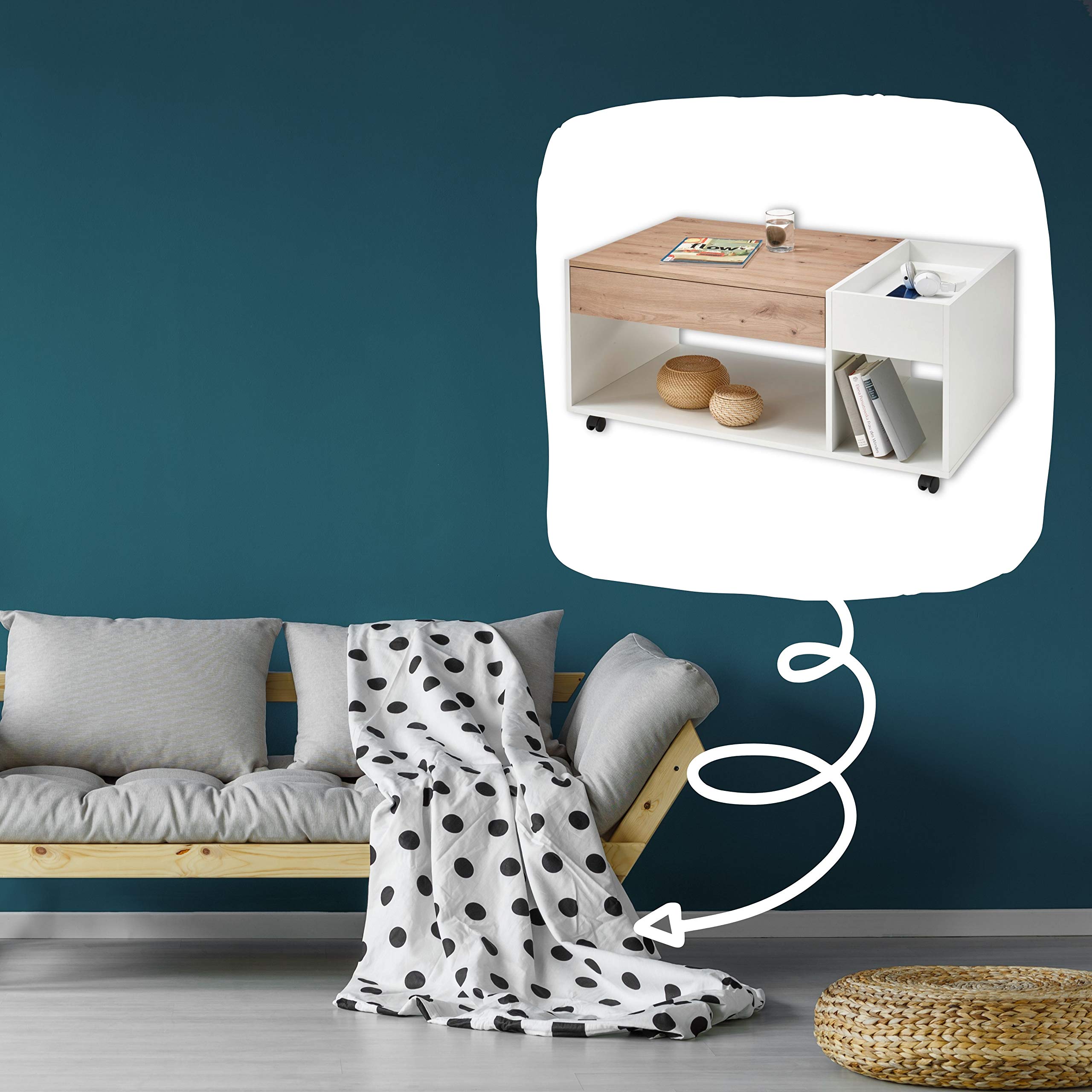 EMIL Couchtisch auf Rollen Artisan Eiche Weiß 110 x 44 x 60 cm (B/H/T) | Mobiler Sofatisch mit Ablagefach und Schublade, praktischer Beistelltisch für Wohnzimmer, Tisch auf Rollen