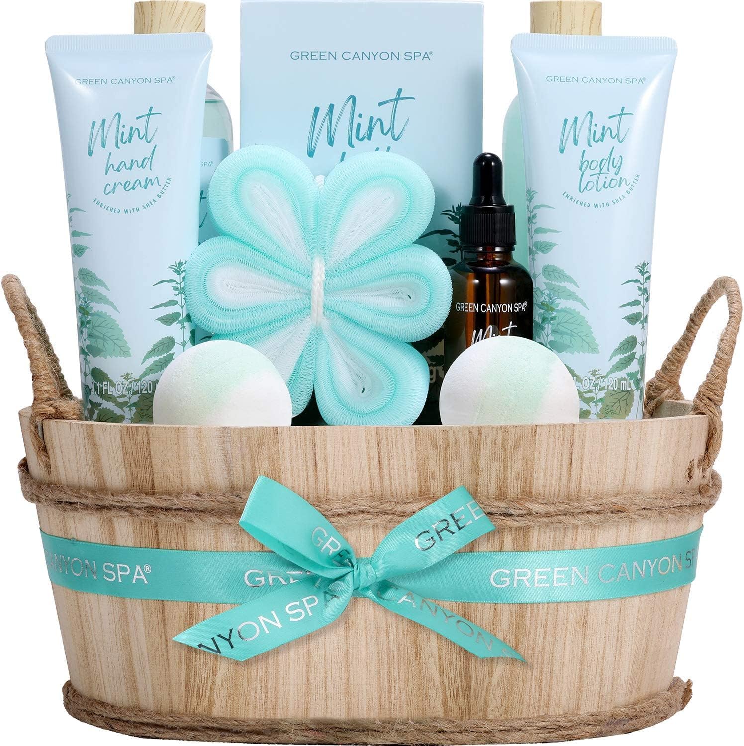 Body & Earth Green Canyon Spa Gift Baskets for Women 11pcs Mint Scent Bath Gifts Set with Body Lotion, Exfoliating Loofah, Best Holiday Self Care Gift for Women-image-45