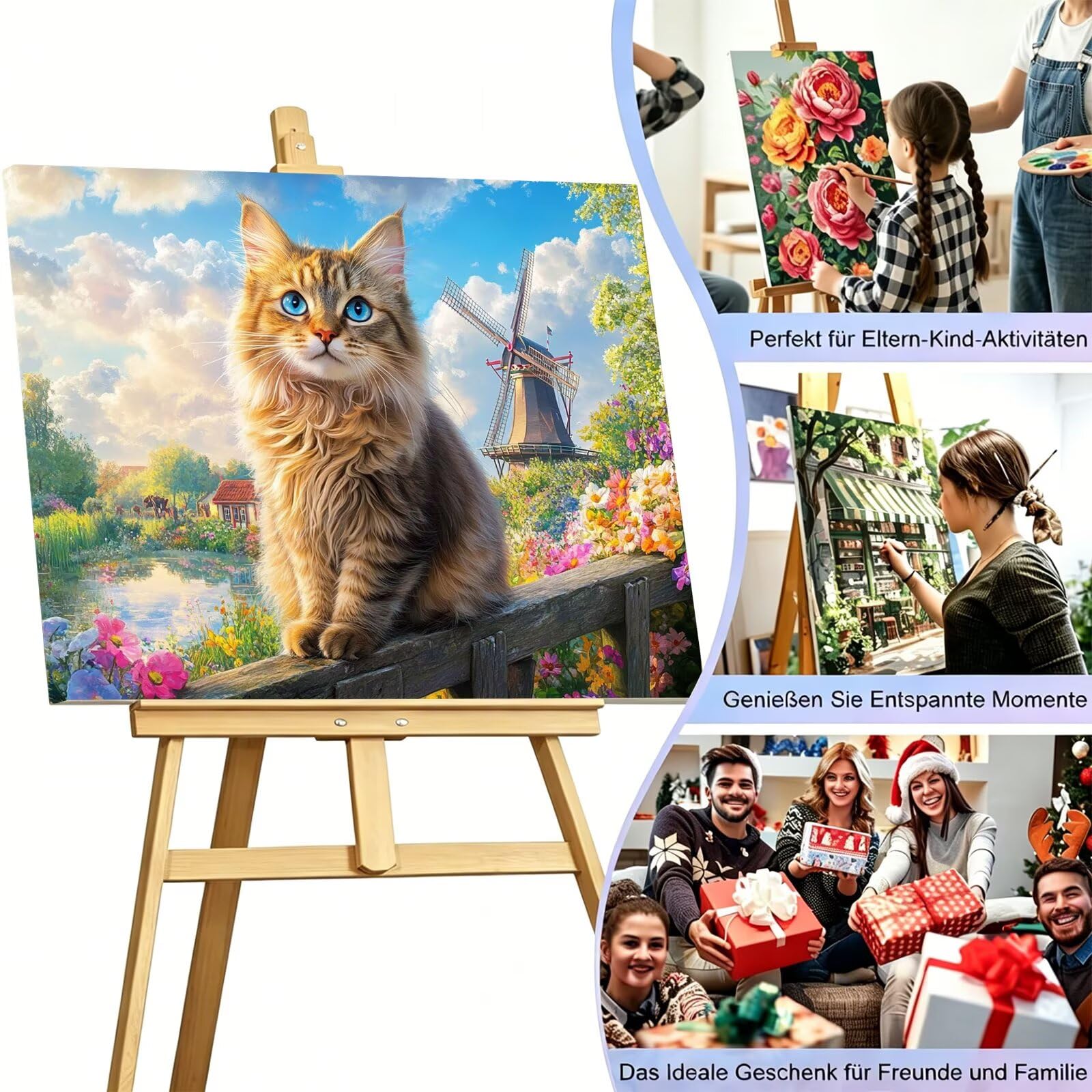Peinture Numéros Adulte chat moulin à vent, Peinture Numero avec Pinceaux, Loisirs Créatifs Adultes, Design Moderne Esthétique, Décoration Murale pour Salon & Chambre Sans Châssis 50x70cm m5g-304