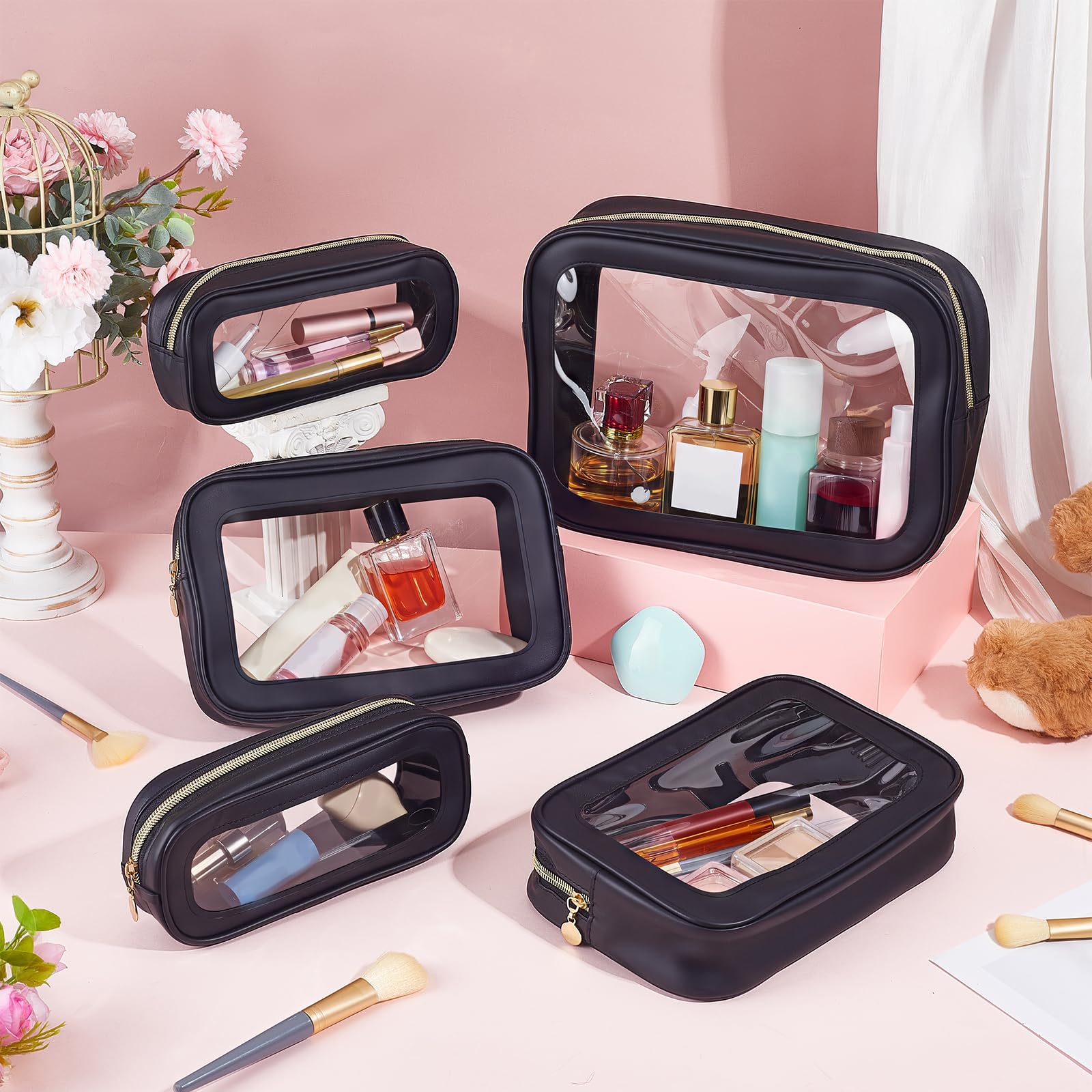 12 Stück Klare Makeup Taschen mit Reißverschluss 3 Größen PVC Toilettentasche wasserdichte Kosmetik Koffer Organizer für Frauen Hochzeit Braut DIY Geschenke Reisen Urlaub Fitness Schwarz