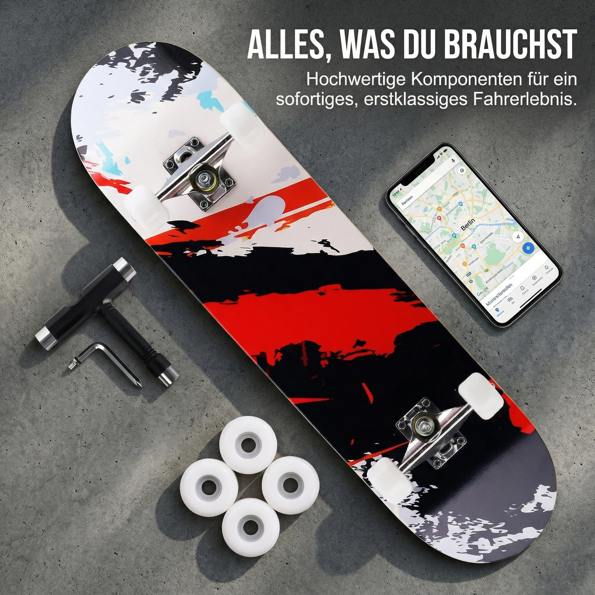 Skateboard Professionnel Double Kick,81 cm en érable, roulements ABEC-7, Roues en PU 95A, Design Graphique personnalisé (81cm, Ruines Urbaines)
