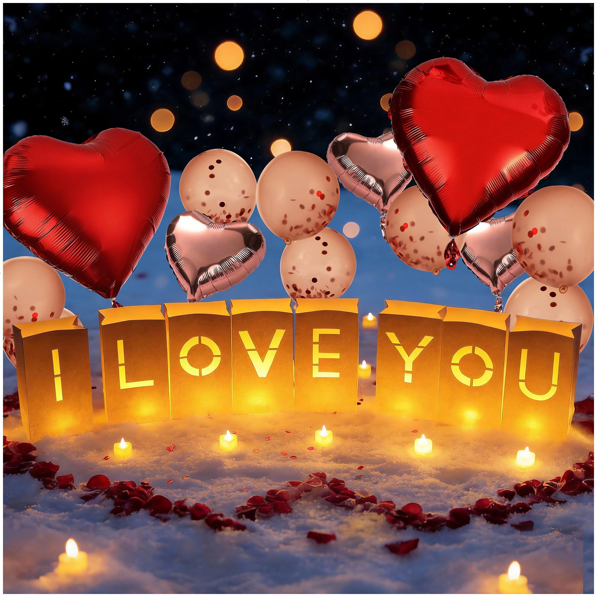 'I Love You' podświetlane litery torby oświetleniowe ze świecami na podgrzewacze, balony lateksowe, balony aluminiowe i płatki róż, oświadczyny, dekoracje rocznicowe i walentynkowe