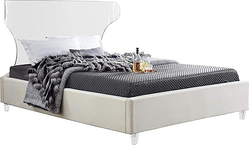 Meridian Furniture Ghost Collection Modern Cama tapizada de terciopelo contemporáneo con cabecera y patas acrílicas, matrimonial, crema