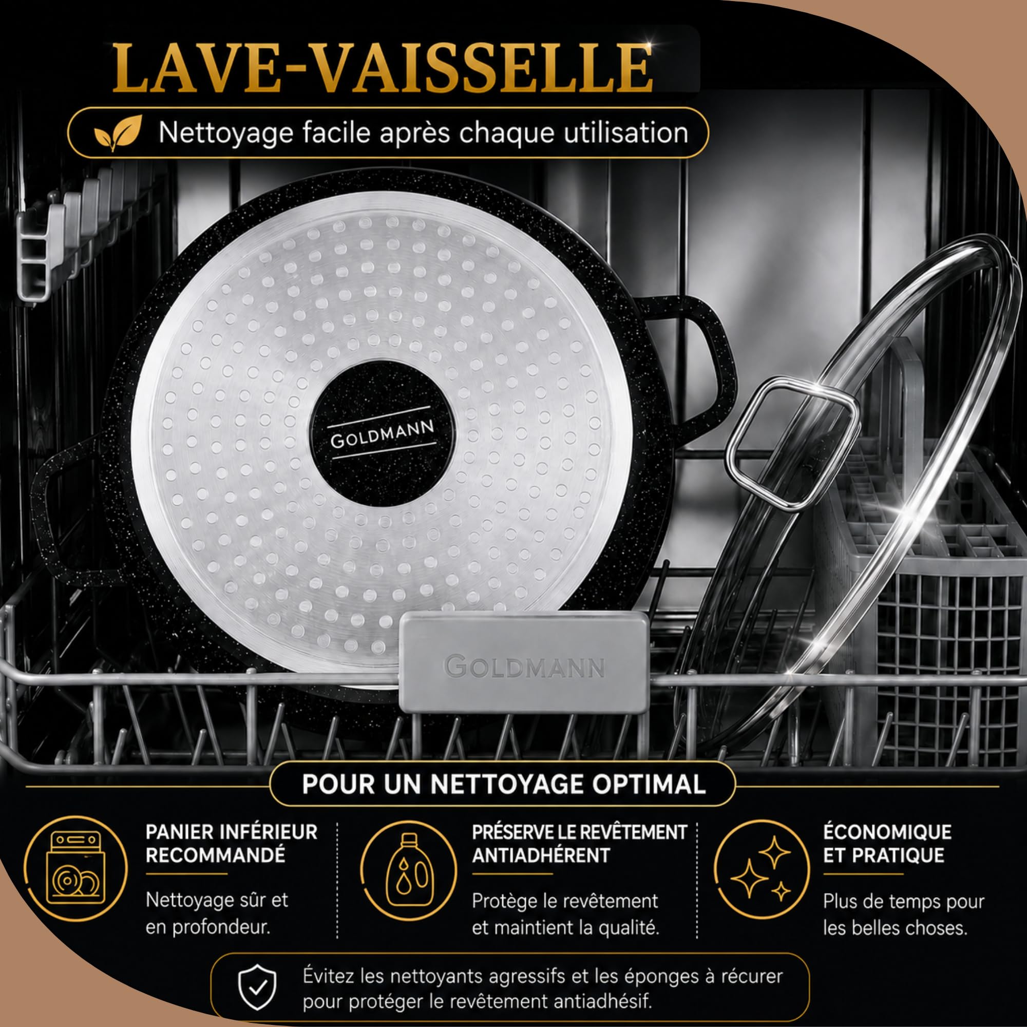 GOLDMANN en cocotte aluminium, 28 cm - 6.5 L, revêtement antiadhésif en céramique effet marbre, couvercle en verre, compatible induction et tous feux, passe au four et sans PFOA