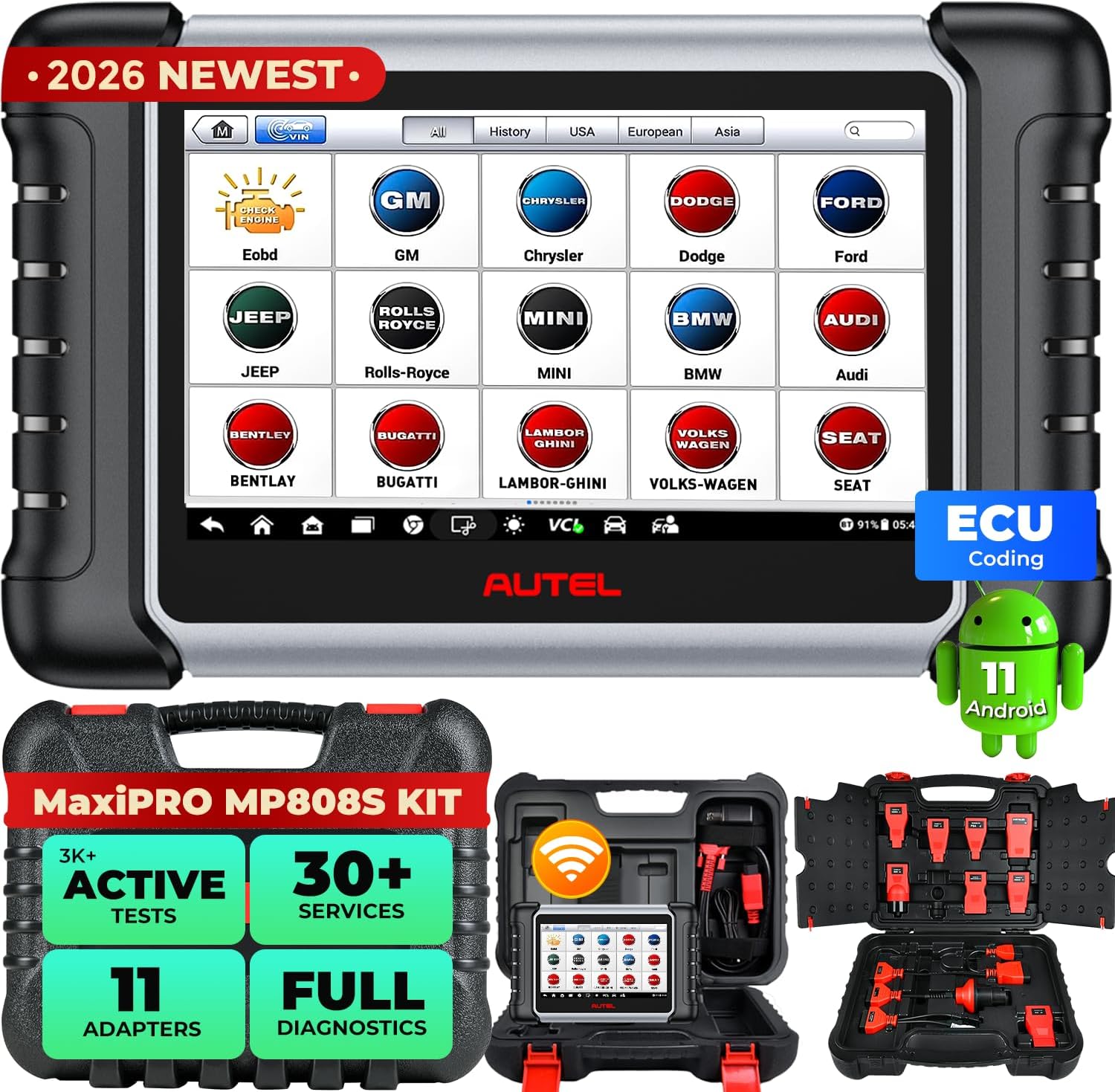 Autel MaxiPRO MP808S KIT Diagnostic Tool - 2026 Bidirectional Scanner, 2-Year Update, PRO ECU Coding as MaxiSYS MS906 PRO MS906BT MP900BT, Reflash Hidden, VAG Guide, 30+Resets, 11 Adapters