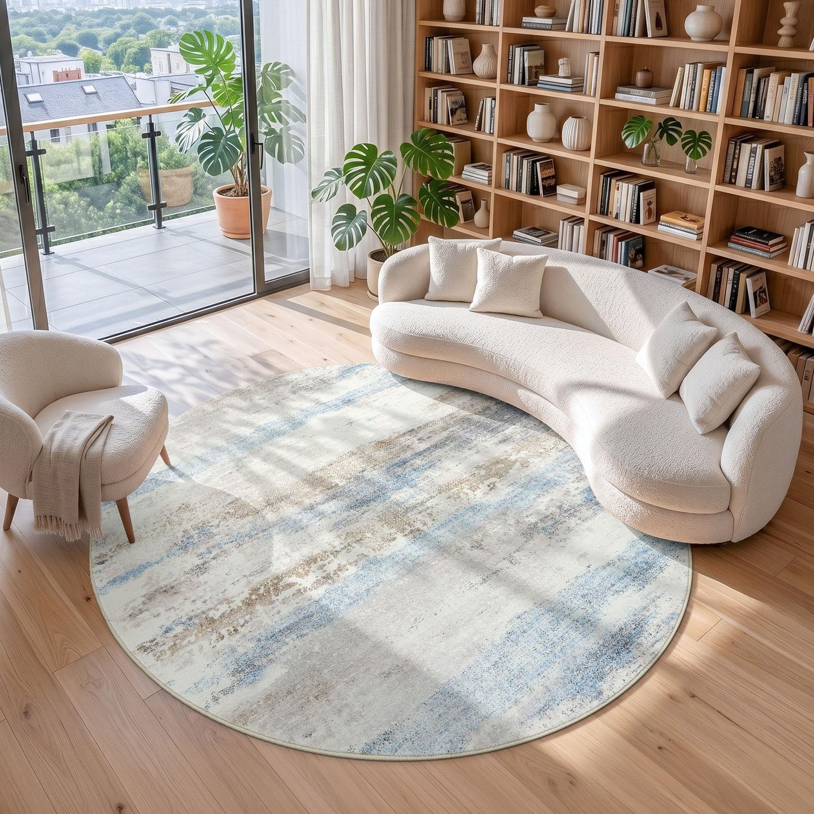 Homaxy Modern Abstract Round Rugs Living Room 180 x 180 cm Beige&Blue