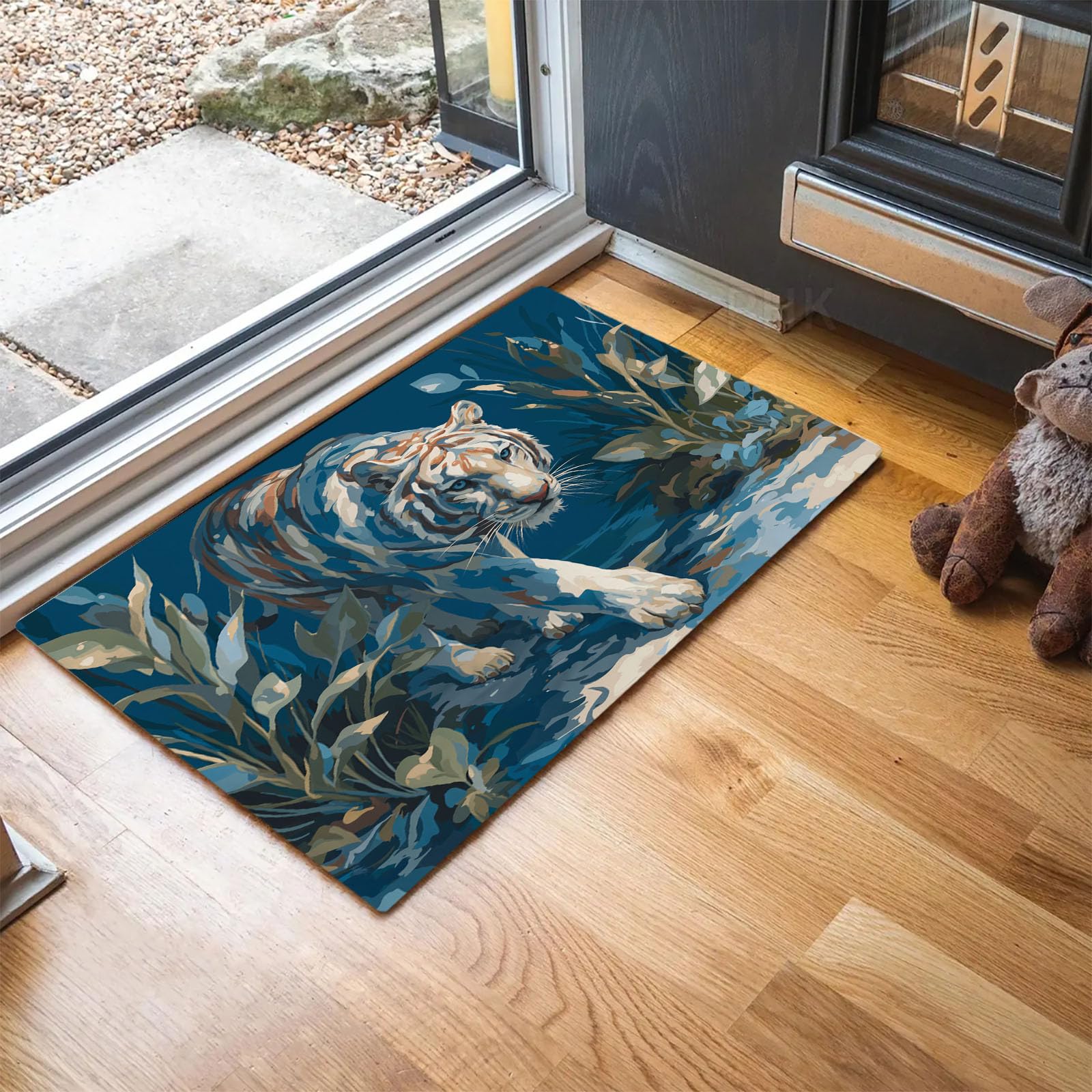 Tapis jungle tropicale antidérapant et absorbant bleu marine 60x90cm pour chambre