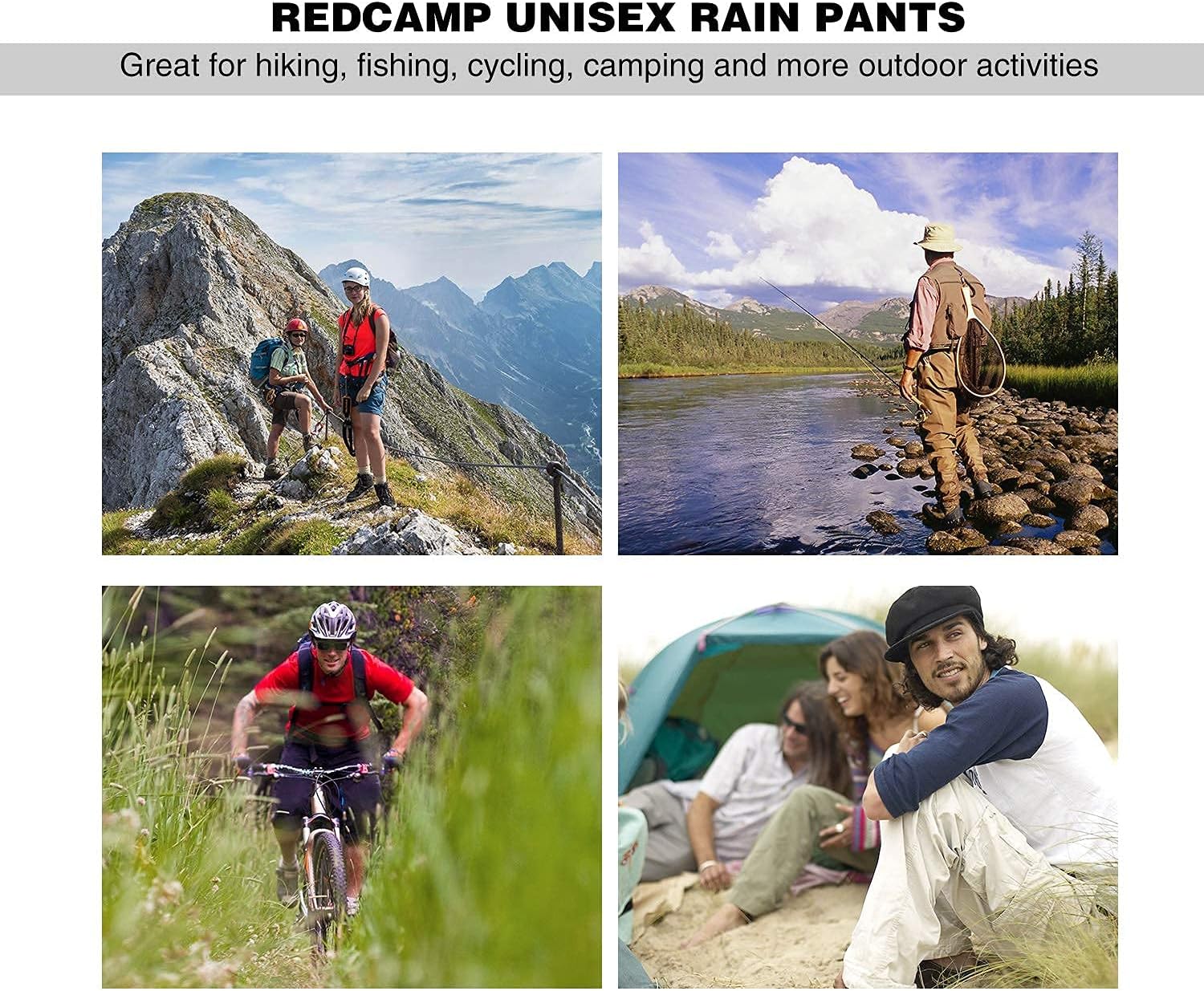 Collage of people engaged in various outdoor activities like hiking, fishing, cycling, and camping while wearing rain gear