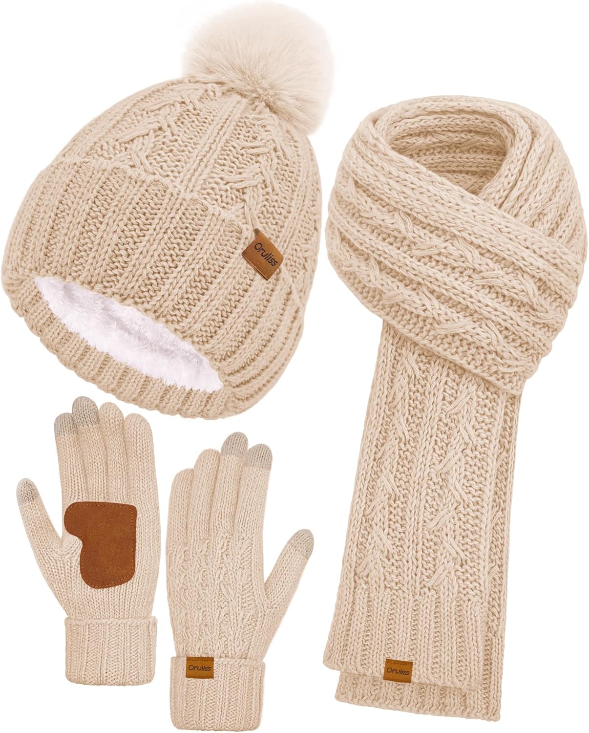 Womens Winter Beanie Hat Scarf Gloves Set, Fleece Lined Knitted Hat with Pompom Long Scarf Touchscreen Mittens for Women Men
