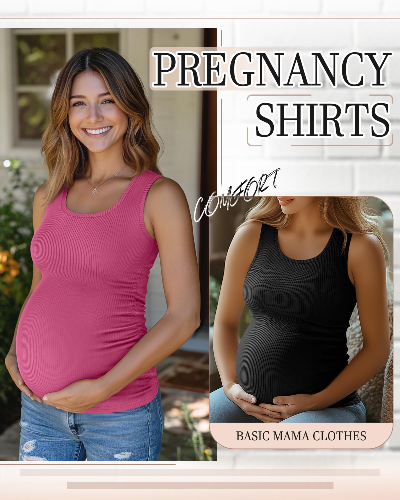Riyiper Confezione da 3 Canotte Premaman da Donna, Senza Maniche, in Cotone, con Lati in Maglia a Coste e Arricciate