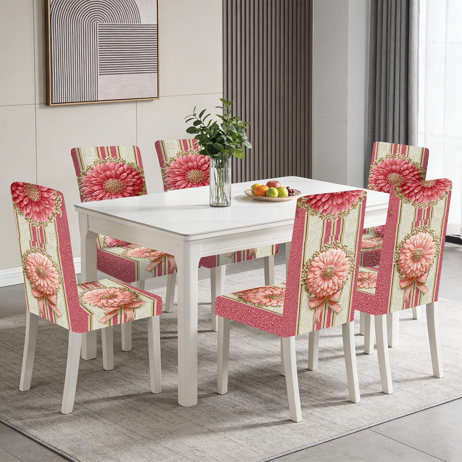 Nuxovilar Pink Floral Ribbon Striped Background Chair Covers Stretch 23.6x70 Inches - Dining Chair Slipcovers Set of 6 Covers for Romantic Bedroom Living Room Special Event