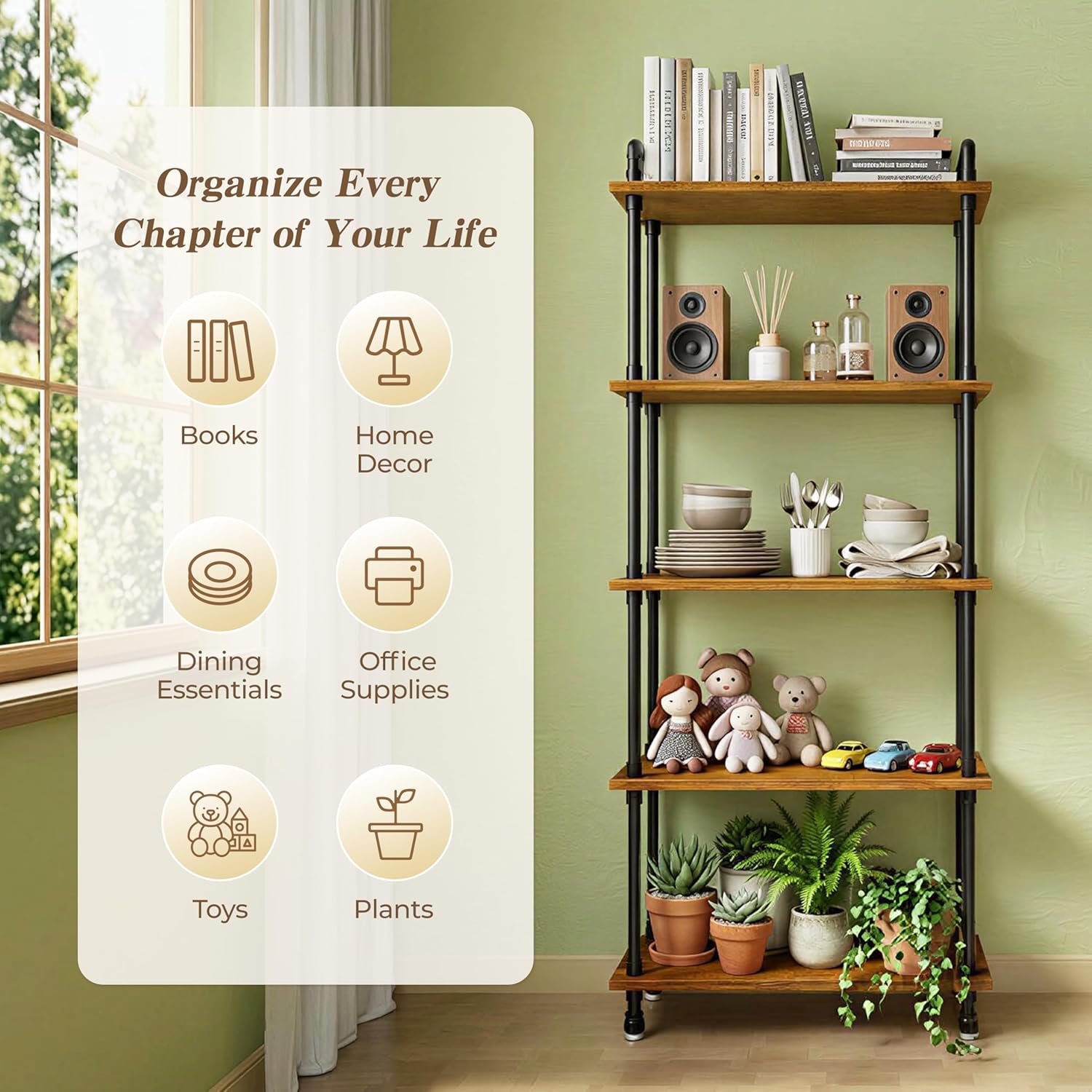 Industrial Bookshelf, 5 Shelf Bookcase, Rustic Brown Pipe Shelving (29.5" L x 11.8" W x 70" H)