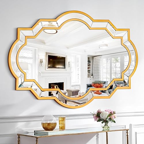 Miniatura 9 de Chende Espejo dorado para decoración de pared, espejo grande de sala de estar de 32 x 24 pulgadas con vidrio biselado y marco de madera, espejo de