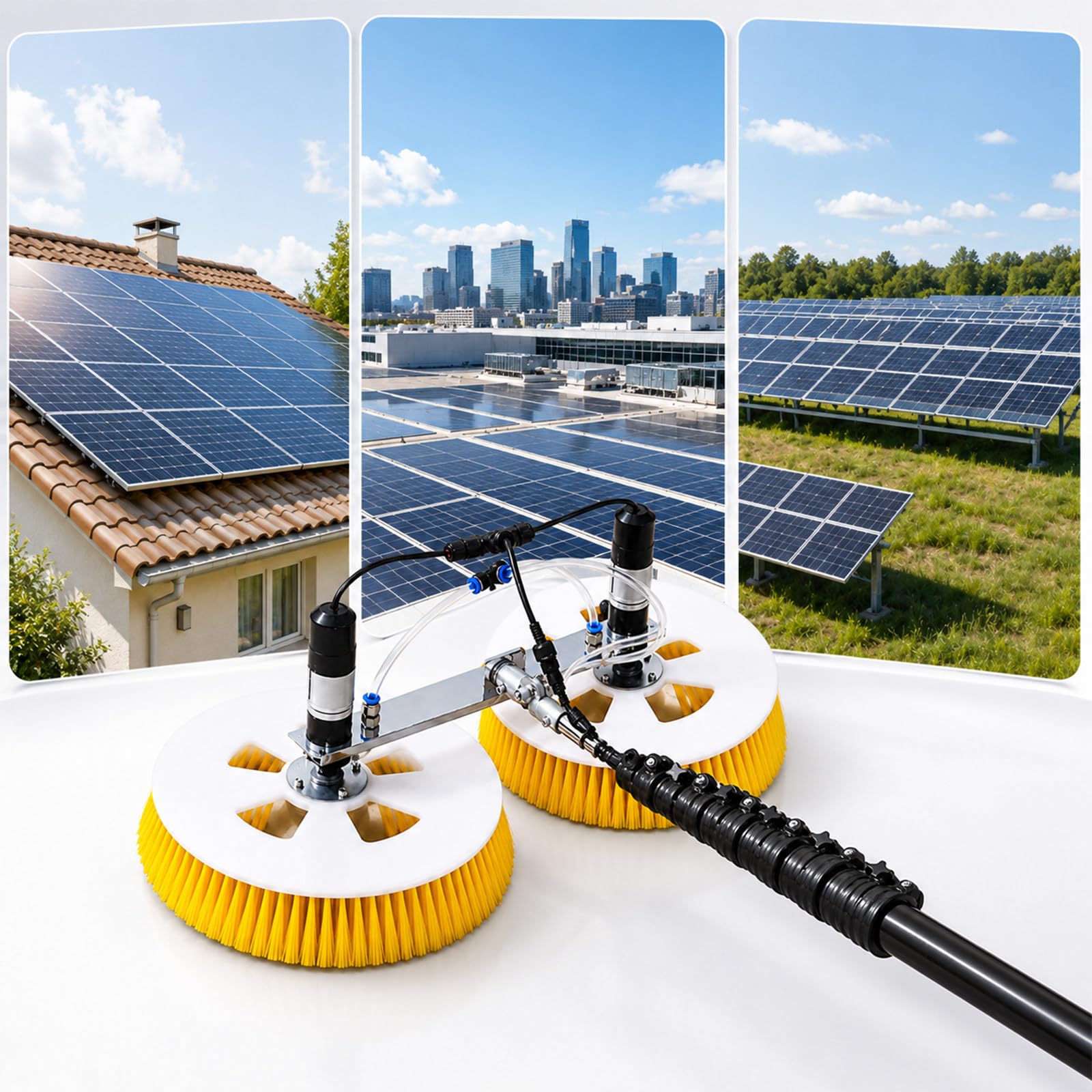 SENJINGHUA Rotating Dual-Head Water Fed Solar Panel Cleaner with 3.5m/5.5m/7.5m Telescopic Pole, for Dust & Bird Droppings on Rooftops & Windows 3.5m
