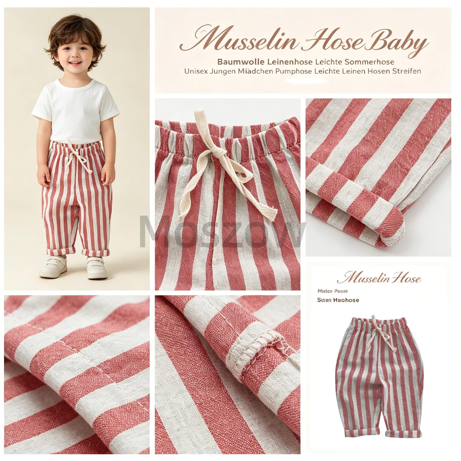 Pantalon d’Été Bébé en Mousseline de Coton – Pantalons en Lin Léger Unisexe Garçon Fille Pumphose Confortable Rayé Long Pantalons Respirant Enfant Lot de 2/3 73-130CM Pantalon Sarouel