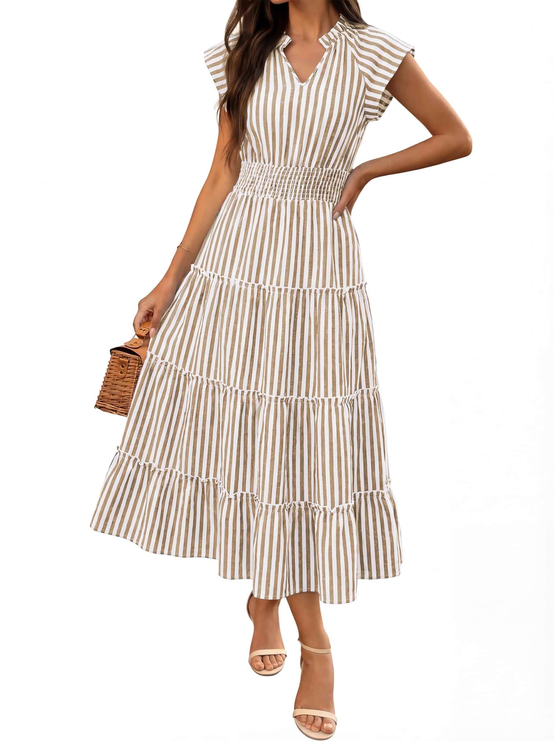 Caracilia Womens Summer Maxi Dresses Casual V Neck Cap Sleeve Gingham Striped Dress Flowy Tiered Beach Vacation Midi Sundress Sleeveless