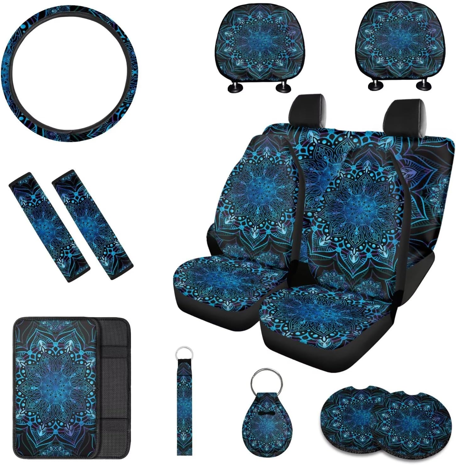 13pcs Blue Mandala Floral Car Accessories Full Set, Car Rear Front Seat Protectors with Armrest Cover, Seat Belt Cover, Steering Wheel Cover, Keychain & Coaster Fit Cars SUV Turcks