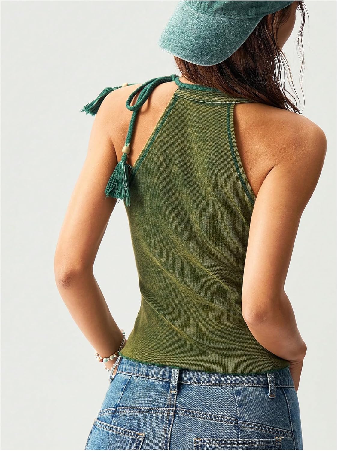 OYOANGLE Women's Halter Tie Tank Top Solid Knit Slim Fit Open Shoulder Camisole Tops - Image 5