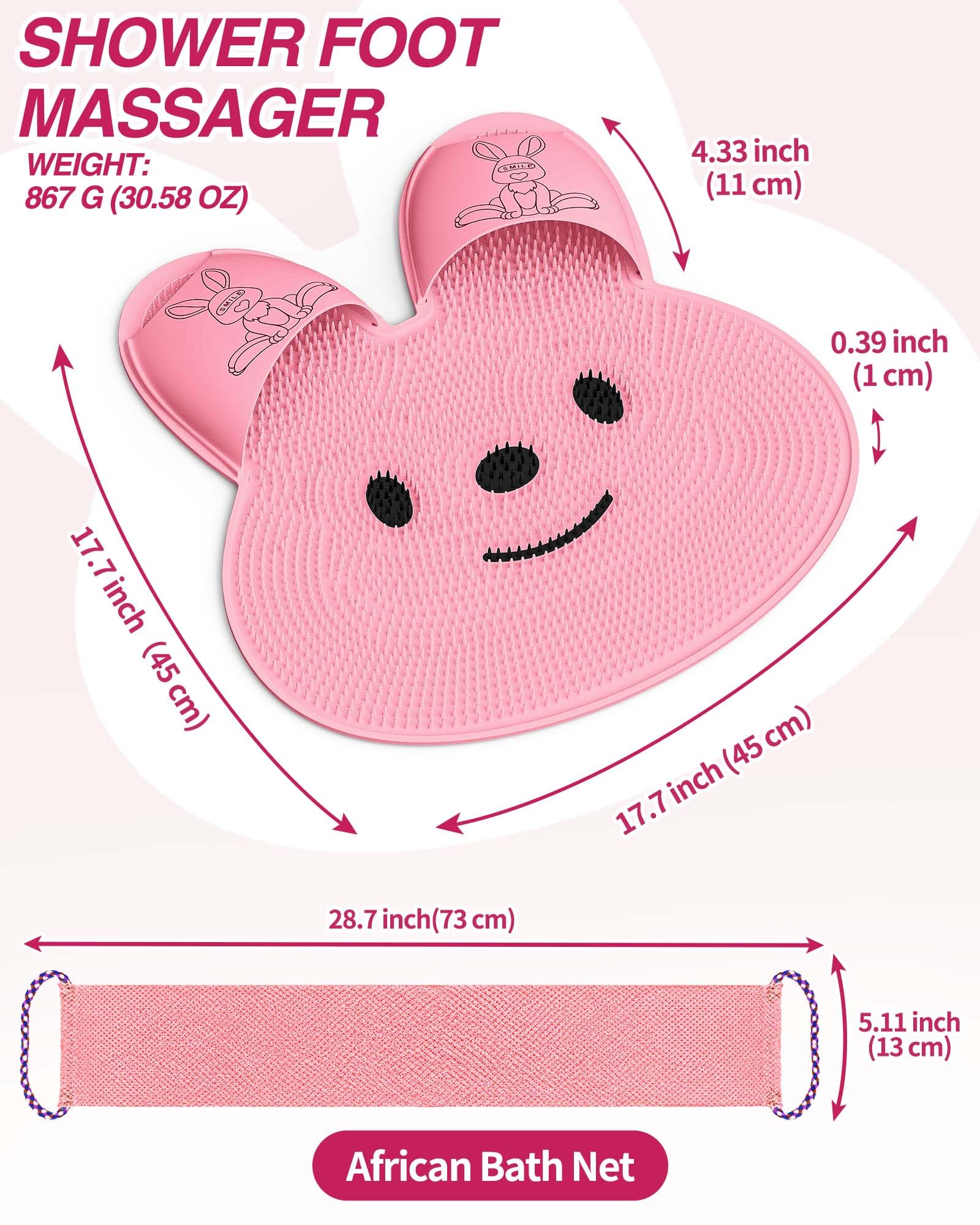 Manmihealth Alfombrilla de silicona con forma de conejo para ducha con ventosas antideslizantes, limpiador de espalda de silicona con mango largo, limpiador corporal de ducha, masajeador de cuero