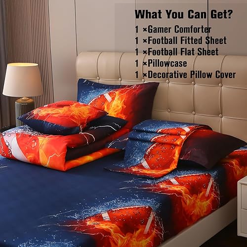 Miniatura 5 de JQinHome Juego de edredón completo de fútbol y fuego para niños, ropa de cama de 6 piezas en una bolsa, ropa de cama con temática deportiva en 3D,