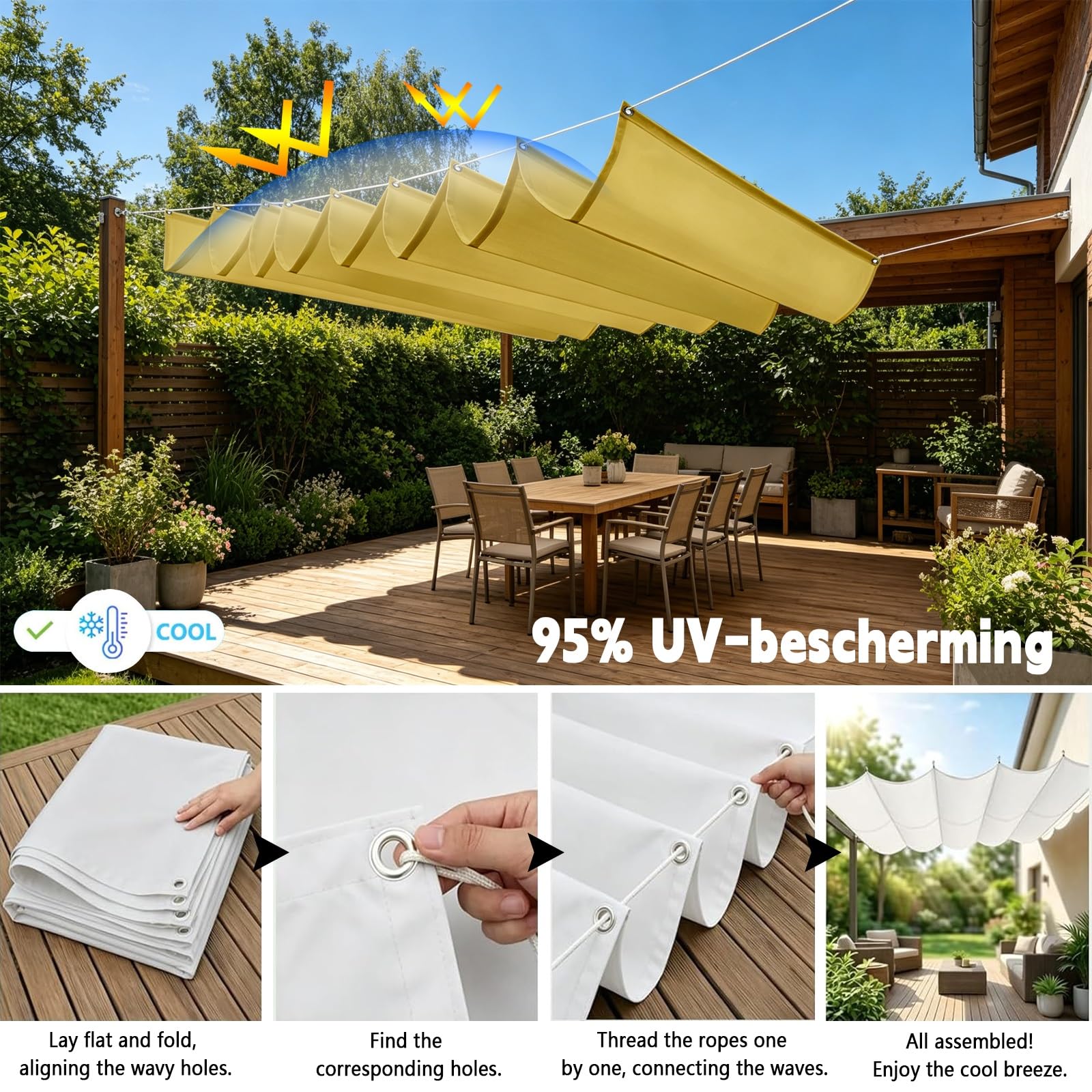 Toldo Retráctil Ondulado 100 x 1050 cm con Ojales y Cuerda, Vela Sombra Impermeable y Rectangular con Bloqueo UV y Resistencia a Desgarros para Jardín Porche Patio Barbacoa, Amarillo Arena
