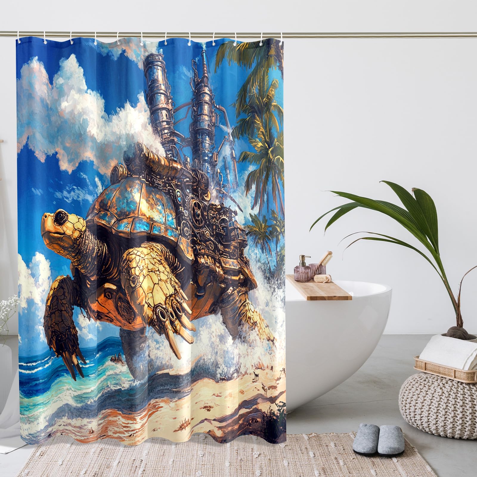 Steampunk Turtle Shower Curtain, Blue Ocean Fantasy Art for Bathroom Decor, Nautical Spring Summer Modern Style Waterproof Fabric Shower Curtain Set with Hooks 72x72 Inch