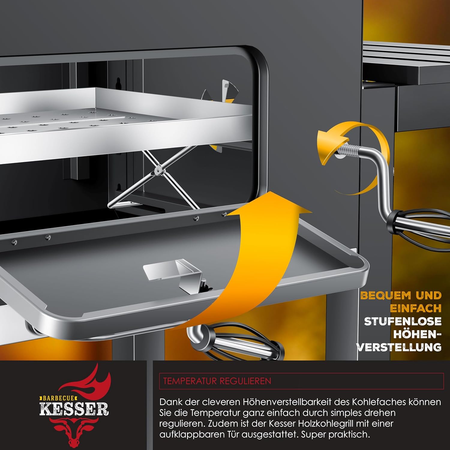 KESSER® Grill Trolley XXL Charcoal Grill with Lid, Wheels, Stainless Steel Handle, Grill Grate and Thermometer Charcoal Grill (Grey/Silver)