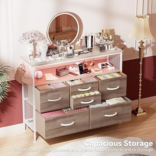 Miniatura 7 de YILQQPER Cómoda para dormitorio, soporte de TV con tomas de corriente y luz LED, cómoda de 6 cajones con bolsillos laterales y ganchos, cómoda ancha