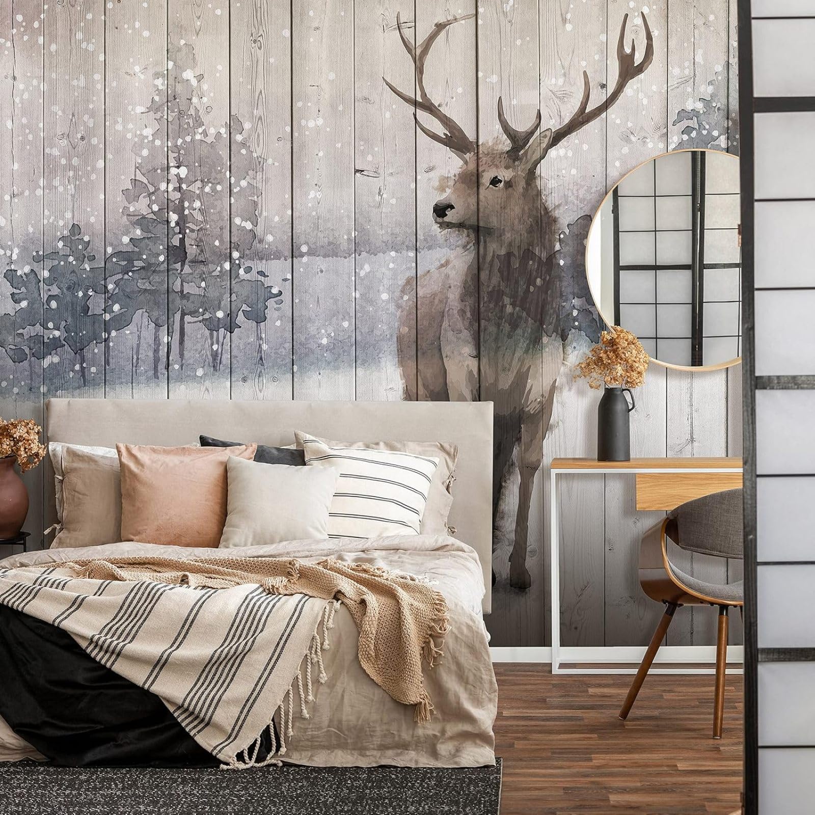 Kfjhgbdshhj 3D Mural Photo Mural-Wallpaper Deer - For Living Room Bedroom - 3D Effect - Wooden Boards,250Cmx175cm Poster - Wall Sticker - Frameless Picture