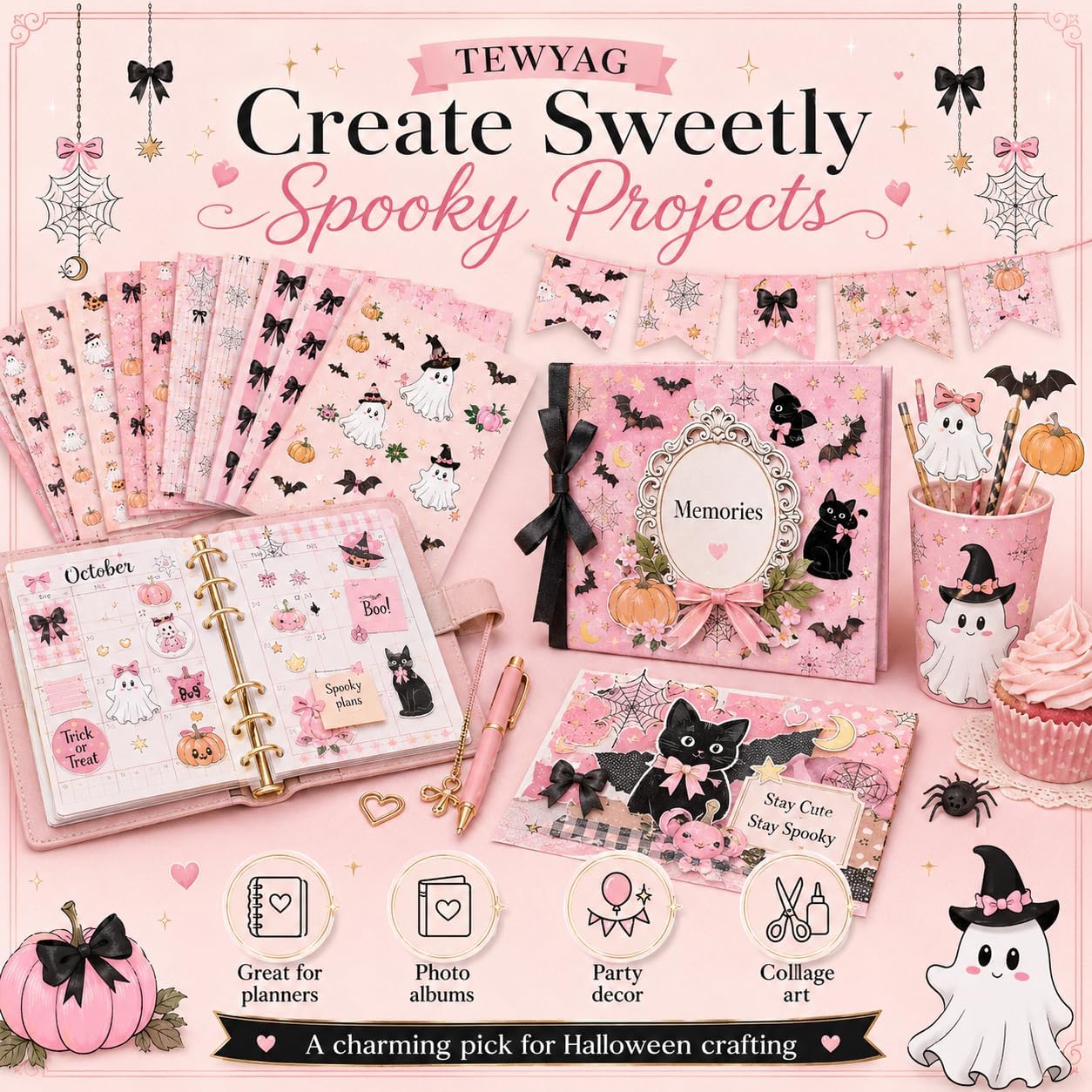 Pink Halloween Scrapbook Paper Scrap Book Scrapbooking Pattern Pastel Goth Spooky Cute Aesthetic Patterned Craft for Cardmaking Junk Journaling DIY Crafts , 6x6 Double Sided 24 Sheets 160gsm Papers image 5