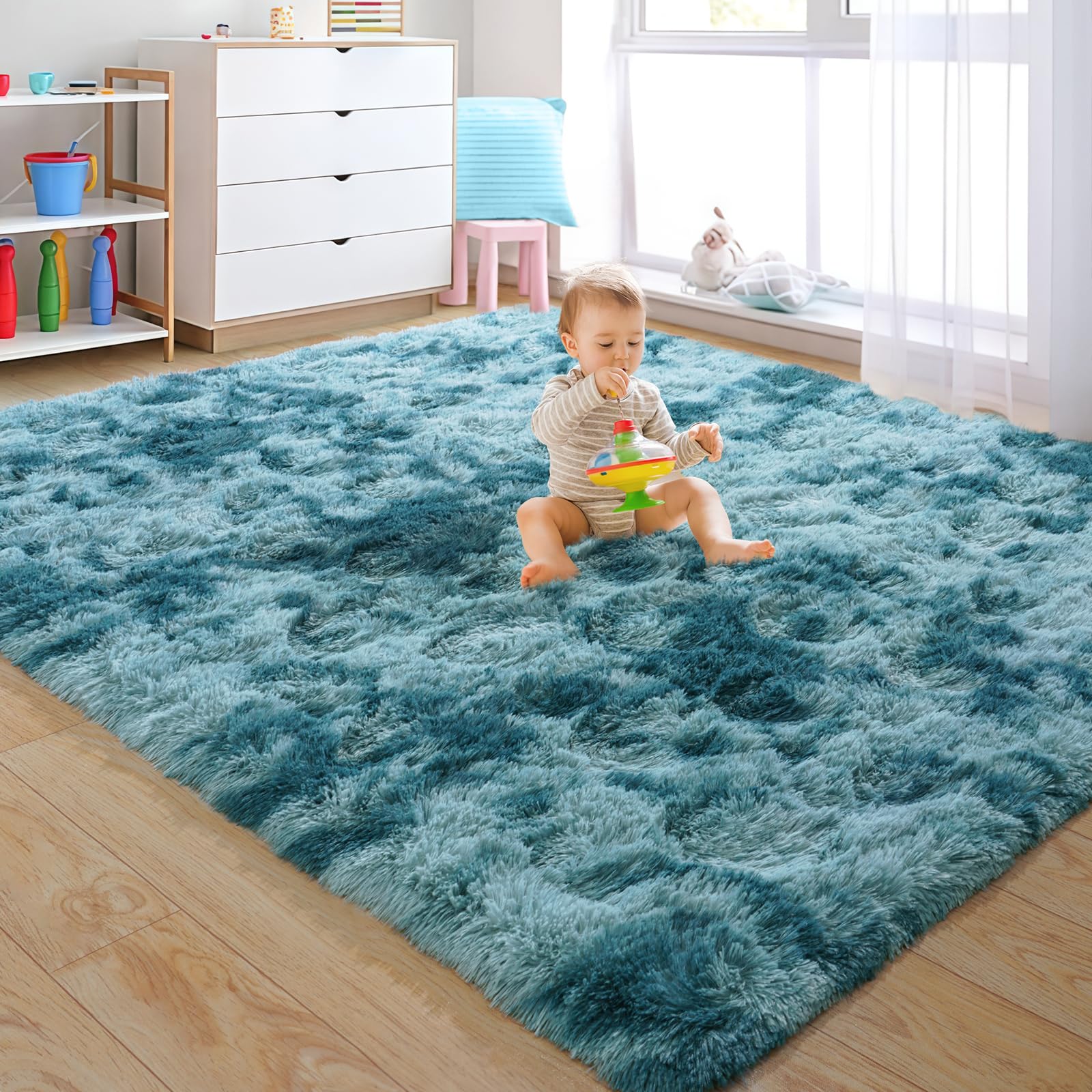 Grand tapis moderne bleu paon salon et chambre d'enfant 1,5x2,1m