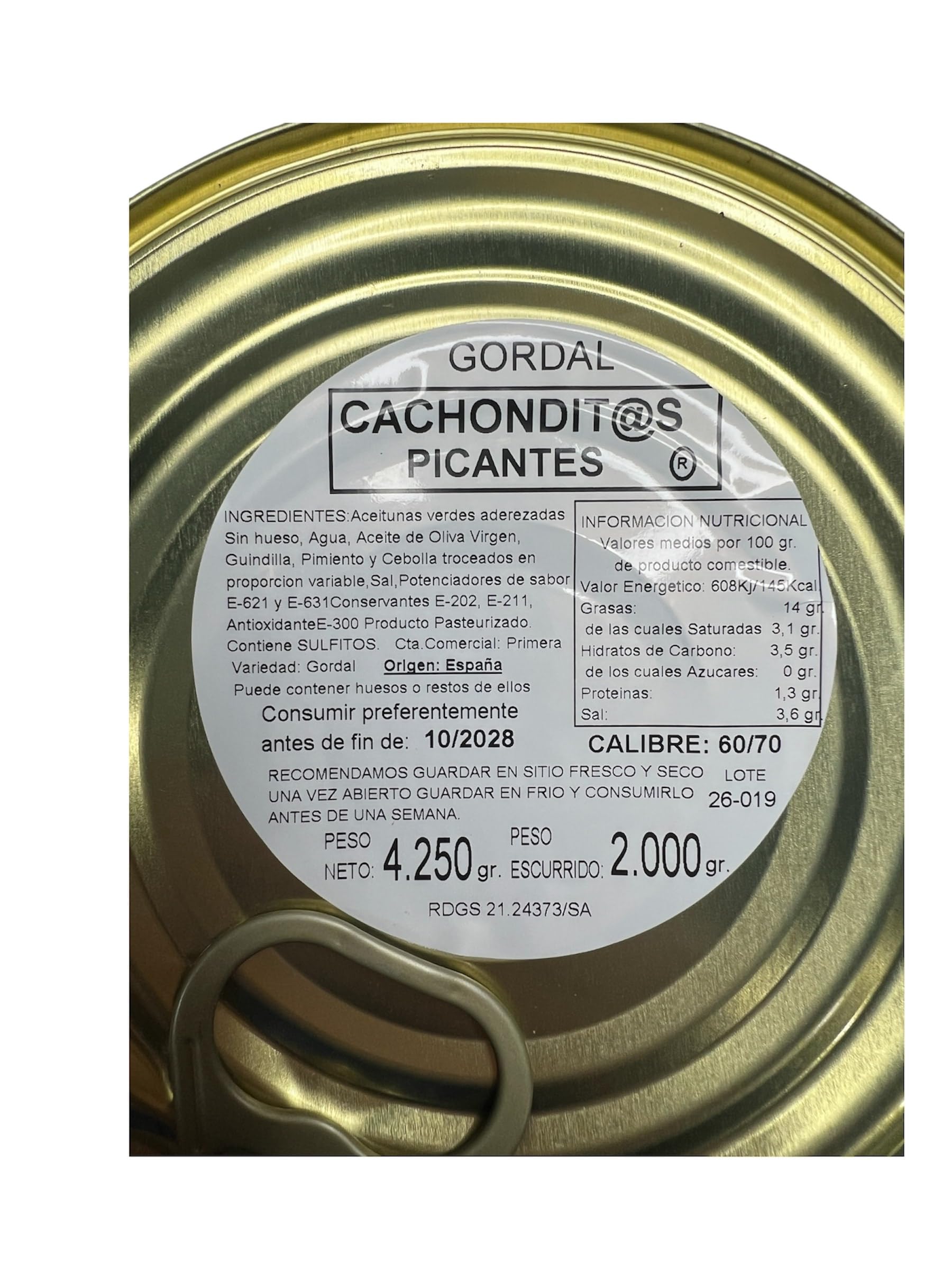 Miroliva Aceitunas Gordal Picantes Las Cachonditas XXL Lata 4,25 kg Peso Escurrido 2 kg Aperitivo Gourmet Pack 1 Lata
