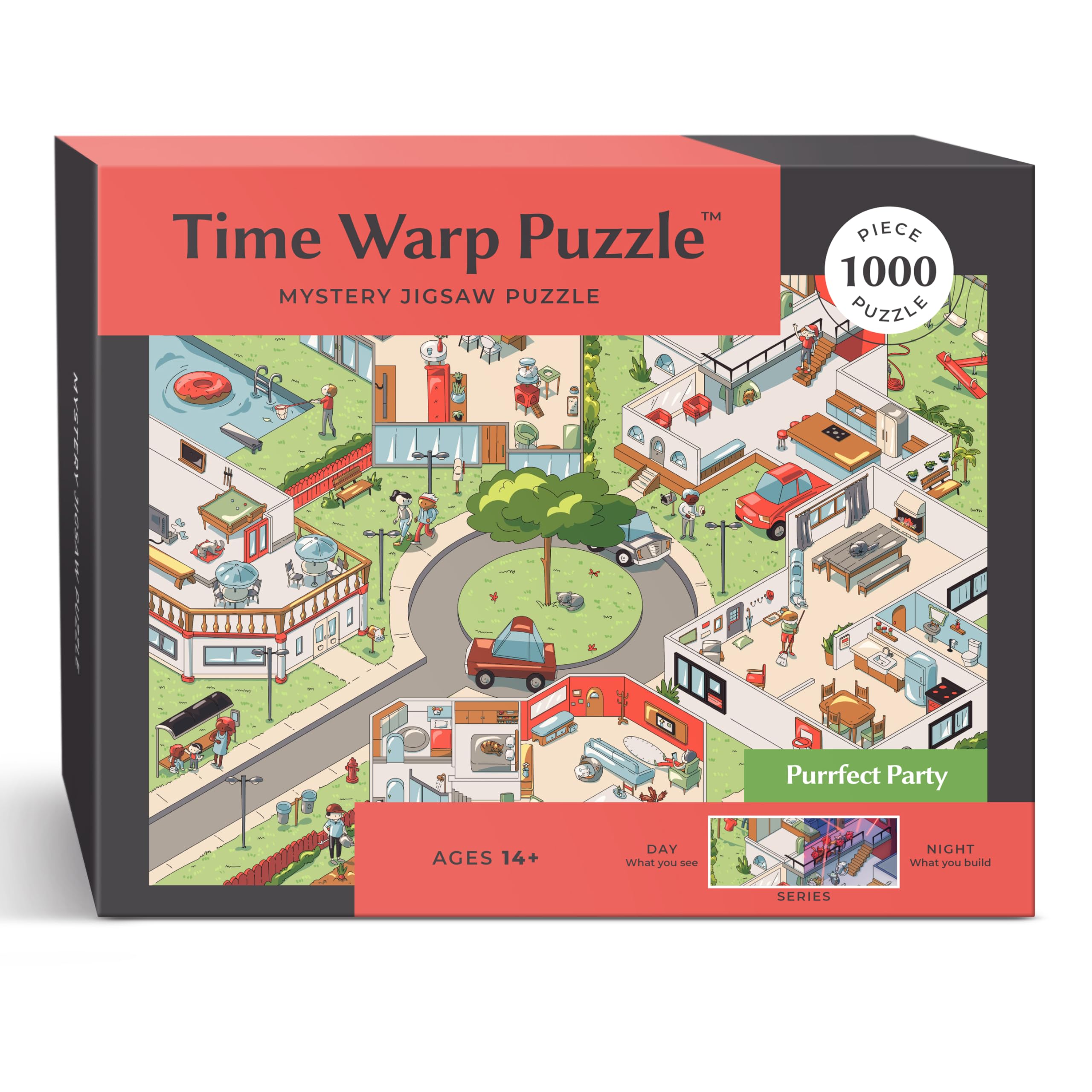Time Warp Puzzle Mystery Jigsaw Puzzle 1000 Pieces for Adults Day Night Series - A Challenging, Difficult, Picture Changing Puzzle to Solve 26.625 x 19.25 in (Purrfect Party)