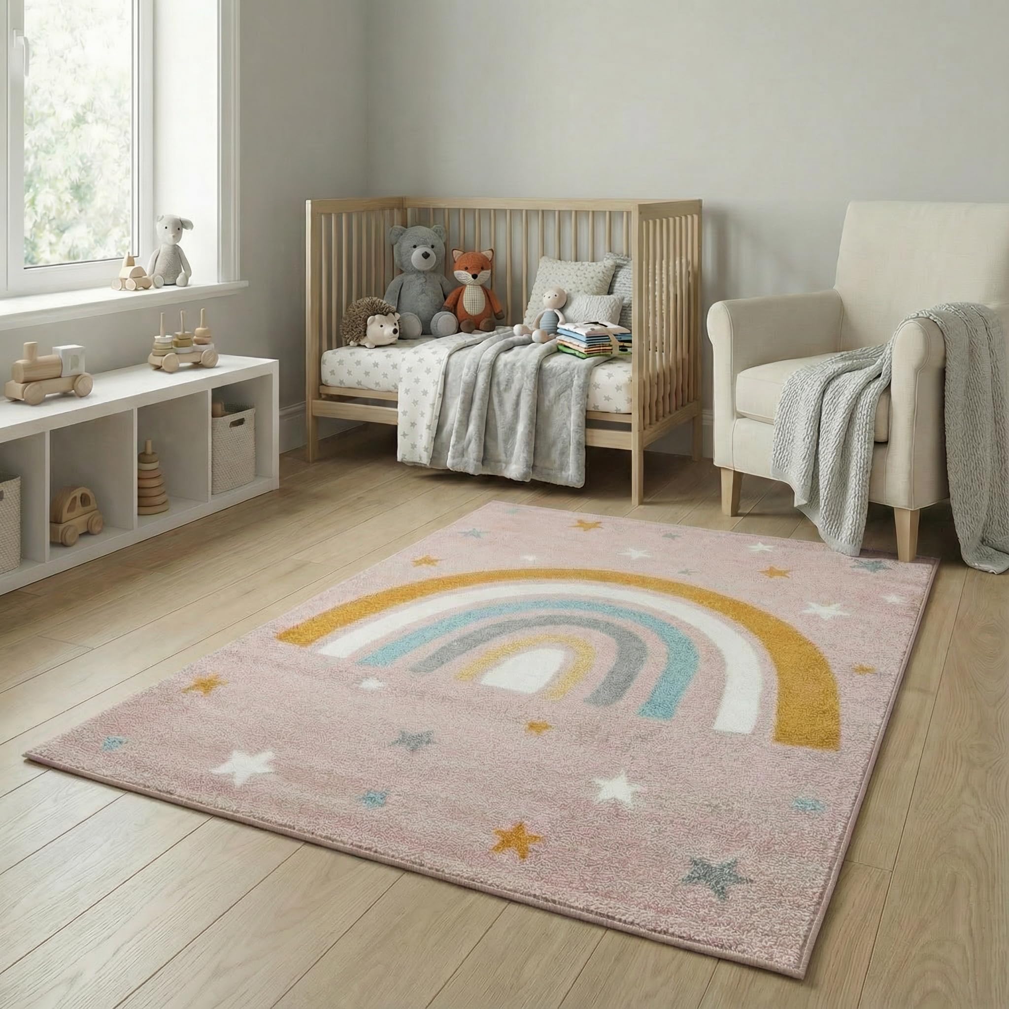 Jimri Kinderteppich DOTS l Pünktchen Gepunktet l Öko-Tex Siegel | Farbe: Beige Blau Rosa | Kinderzimmer/Jugendzimmer (Pink, 120 x 170 cm)