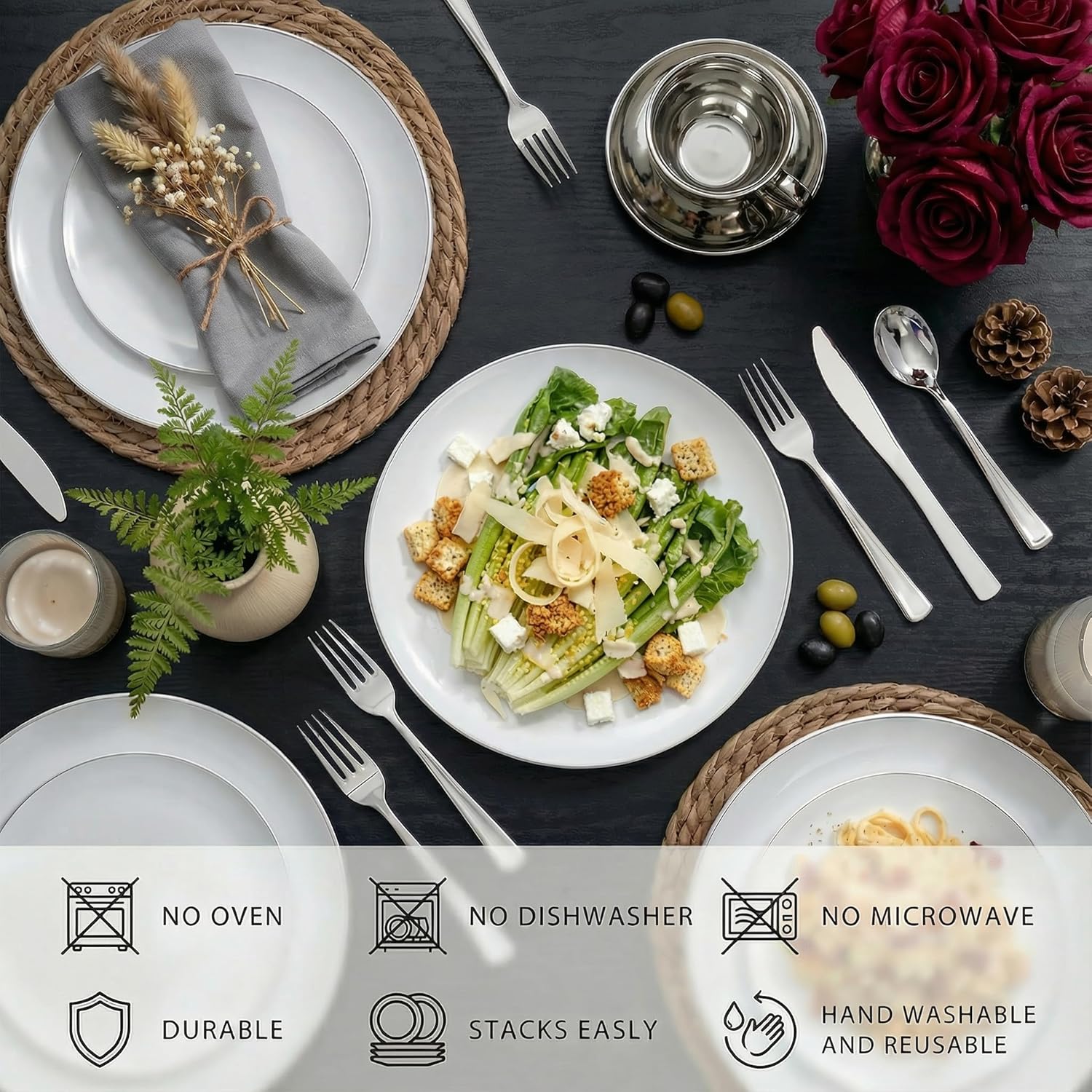 KIRE 100PCS Silver Plastic Plates - Heavy Duty White Disposable Plates with Silver Rim for Party/Wedding - Include 50Pcs 10.25inch Dinner Plates and 50Pcs 7.5inch Dessert Plates for Christmas - Image 7