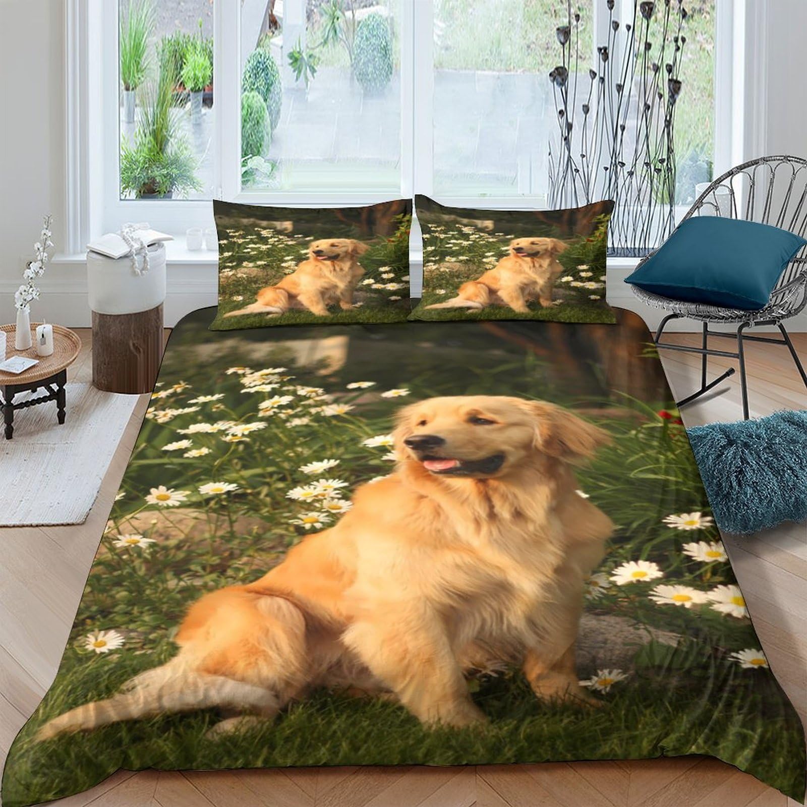 Ctjqhvkz Style-6 3D Printed Golden Retriever Fitted Sheet Microfiber Soft Non-Slip Bed Cover Daisy Meadow Bedroom Decor Machine Washable Single（135X200cm）
