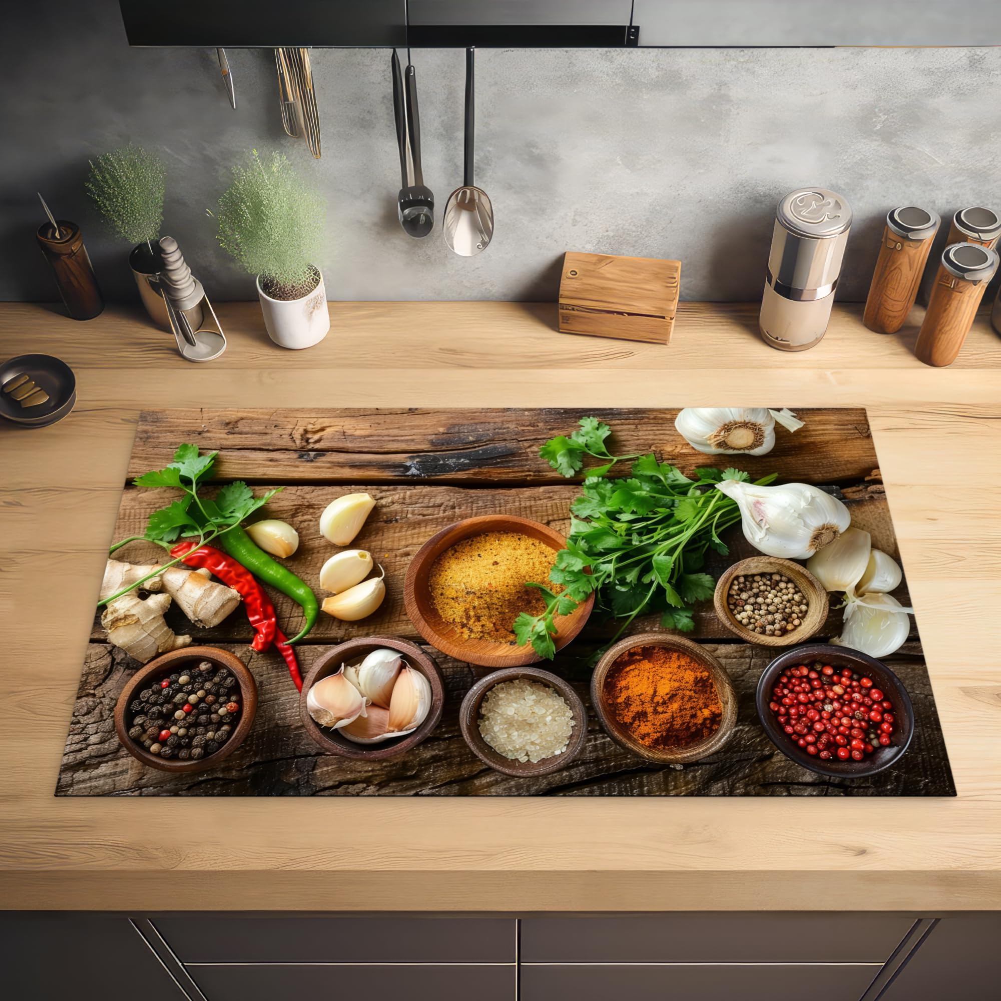 Le protège-plaque d'induction KitchenYeah modèle 'Herbs Spices Basil Wood Print Garlic' ajoute une touche décorative et fonctionnelle à votre espace cuisine.