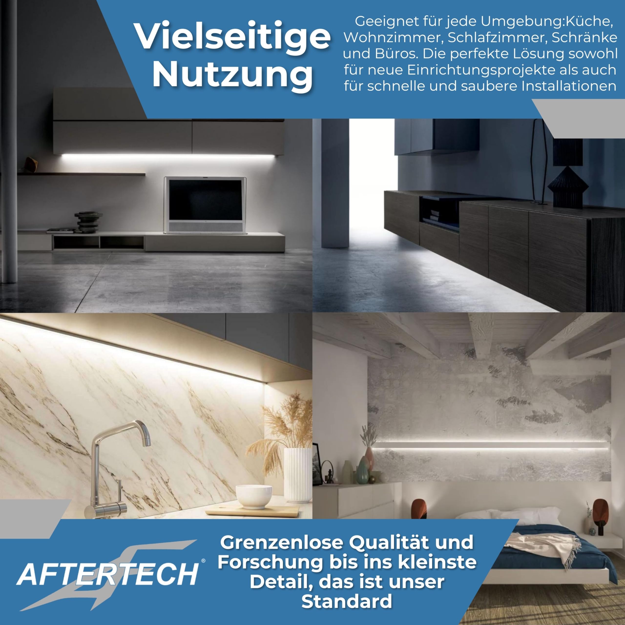 AFTERTECH LED-Leiste Aluminiumprofil FLACH WEISS NACH MASS maßgefertigt nach Zentimetermaß von 20 bis 300 cm in einem EINZELNEN Stück – STARKES LICHT 19,2 W/m 180 LED/m ANPASSBAR Küchenunterschrank
