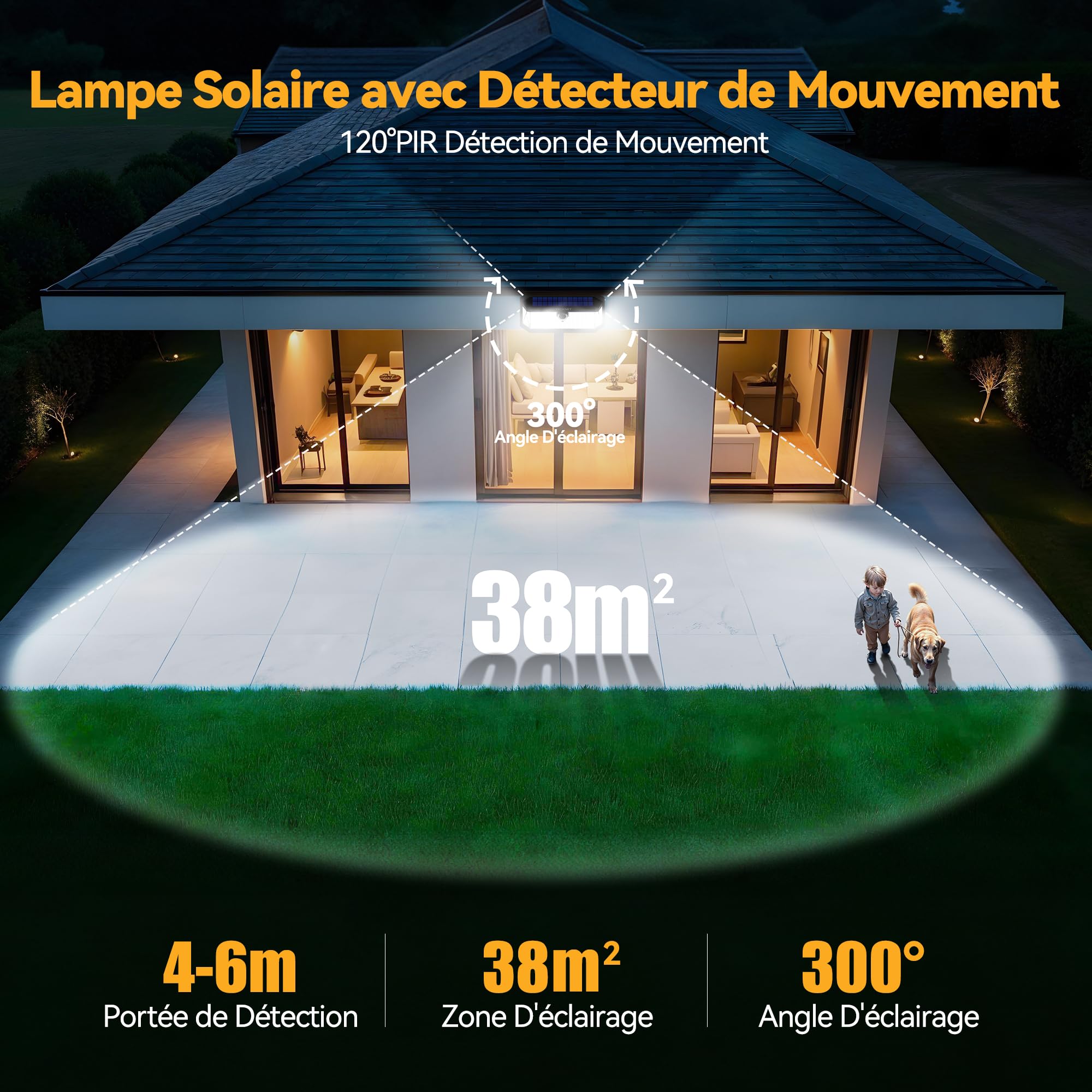 TECKNET Solarleuchte Außen, 4200LM, 416 LEDs, 300° Beleuchtung, 3 Modi, mit Bewegungsmelder, wasserdichte Solarleuchte IP66 für Zaun, Hof, Patio, Garten, Garage, usw. - 4 Stück