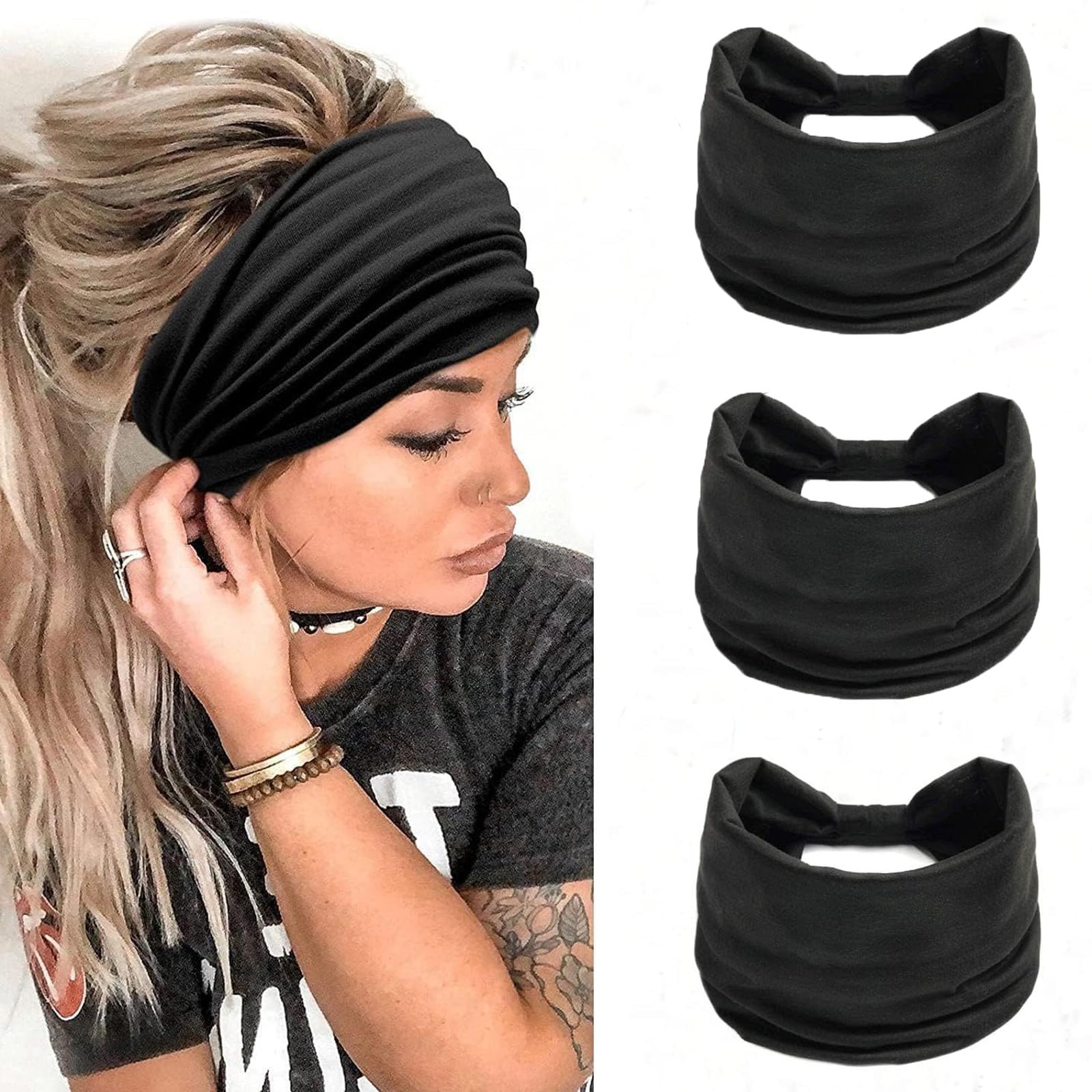Headbands for Women Wide Hair Band,3 Pcs Solid Color Sports Yoga Head Wrap Hairbands Elastic Hairbands, solid color 3